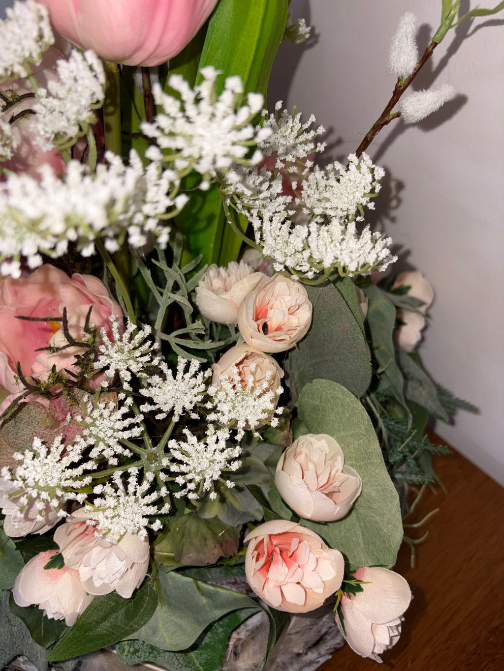 Peach Tulip, Fig and Dark Grape Country Arrangement