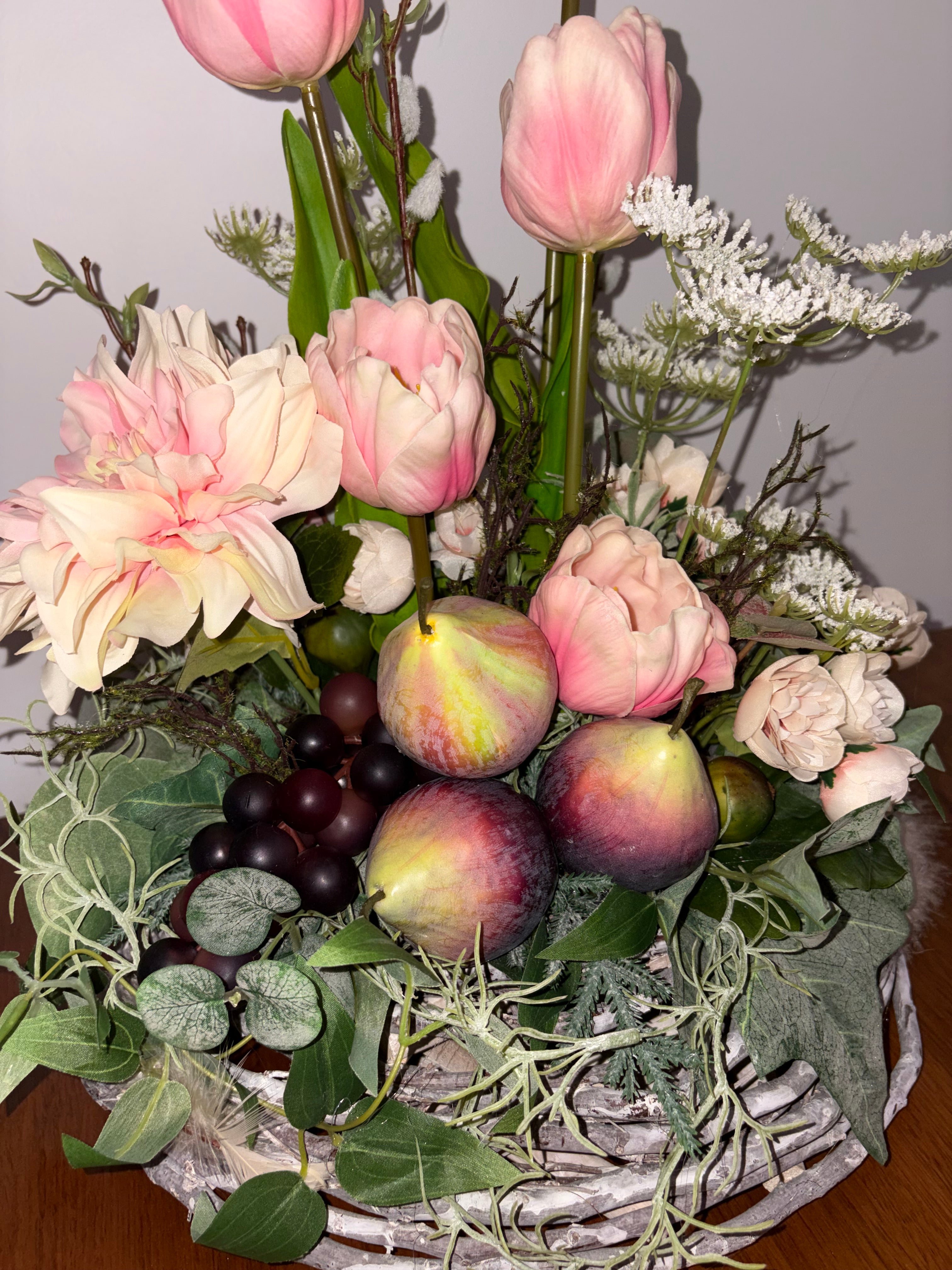 Peach Tulip, Fig and Dark Grape Country Arrangement