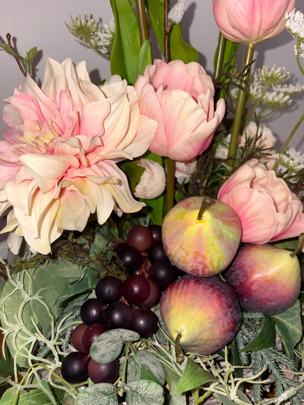 Peach Tulip, Fig and Dark Grape Country Arrangement