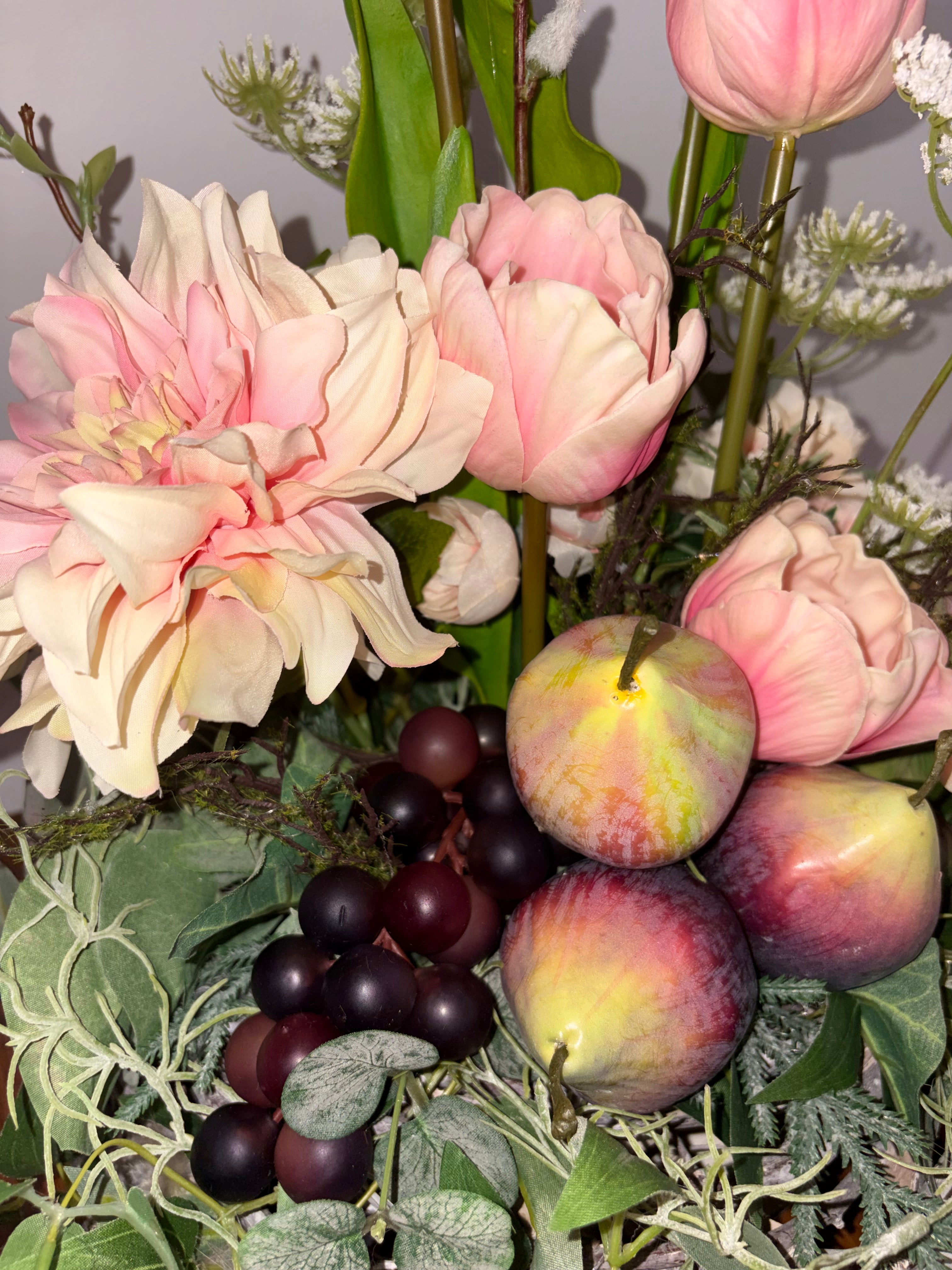 Peach Tulip, Fig and Dark Grape Country Arrangement