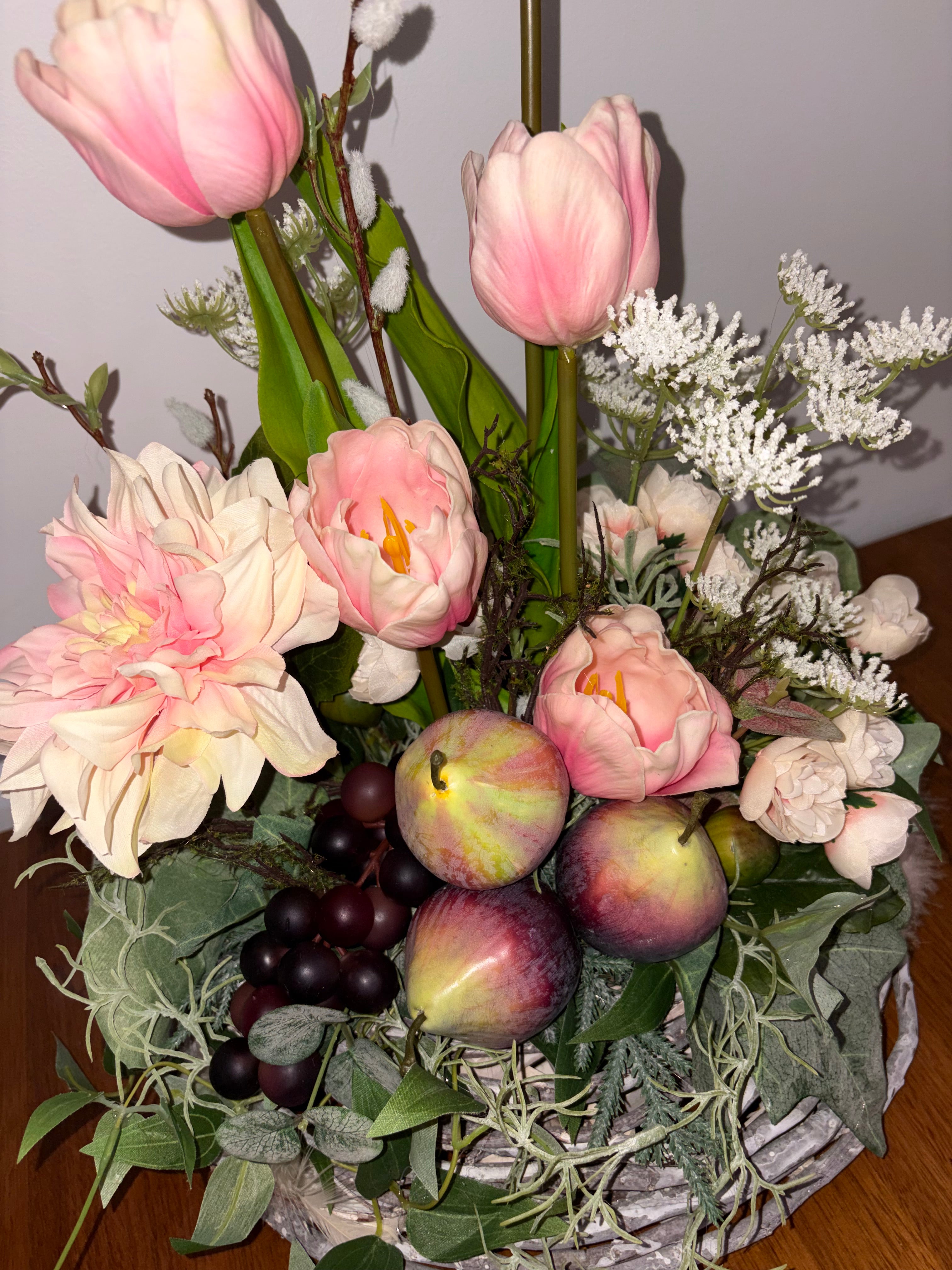 Peach Tulip, Fig and Dark Grape Country Arrangement