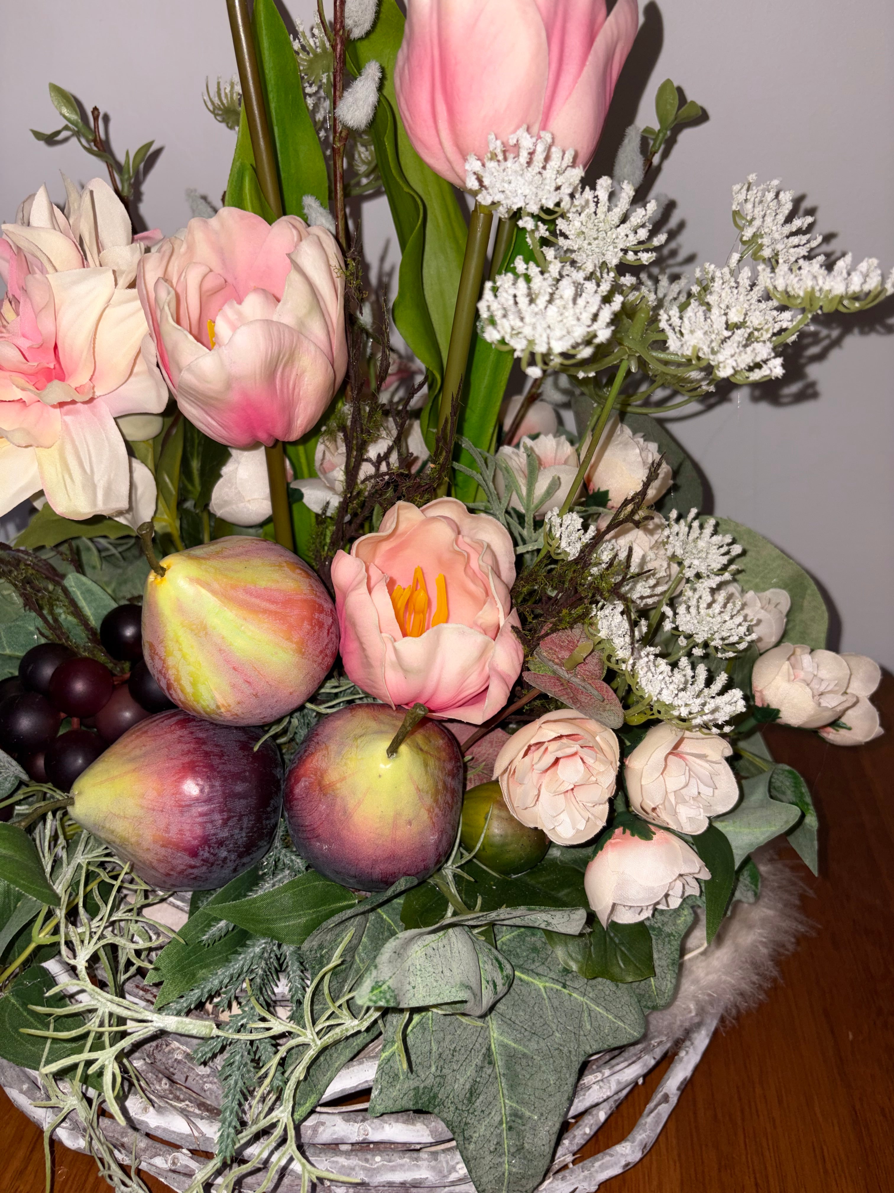 Peach Tulip, Fig and Dark Grape Country Arrangement