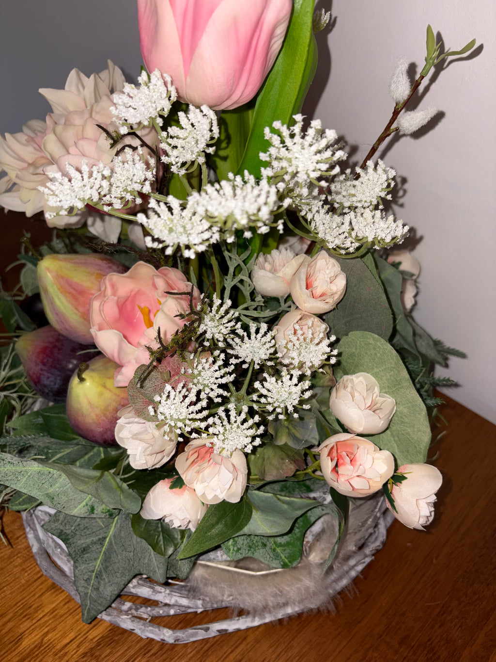 Peach Tulip, Fig and Dark Grape Country Arrangement