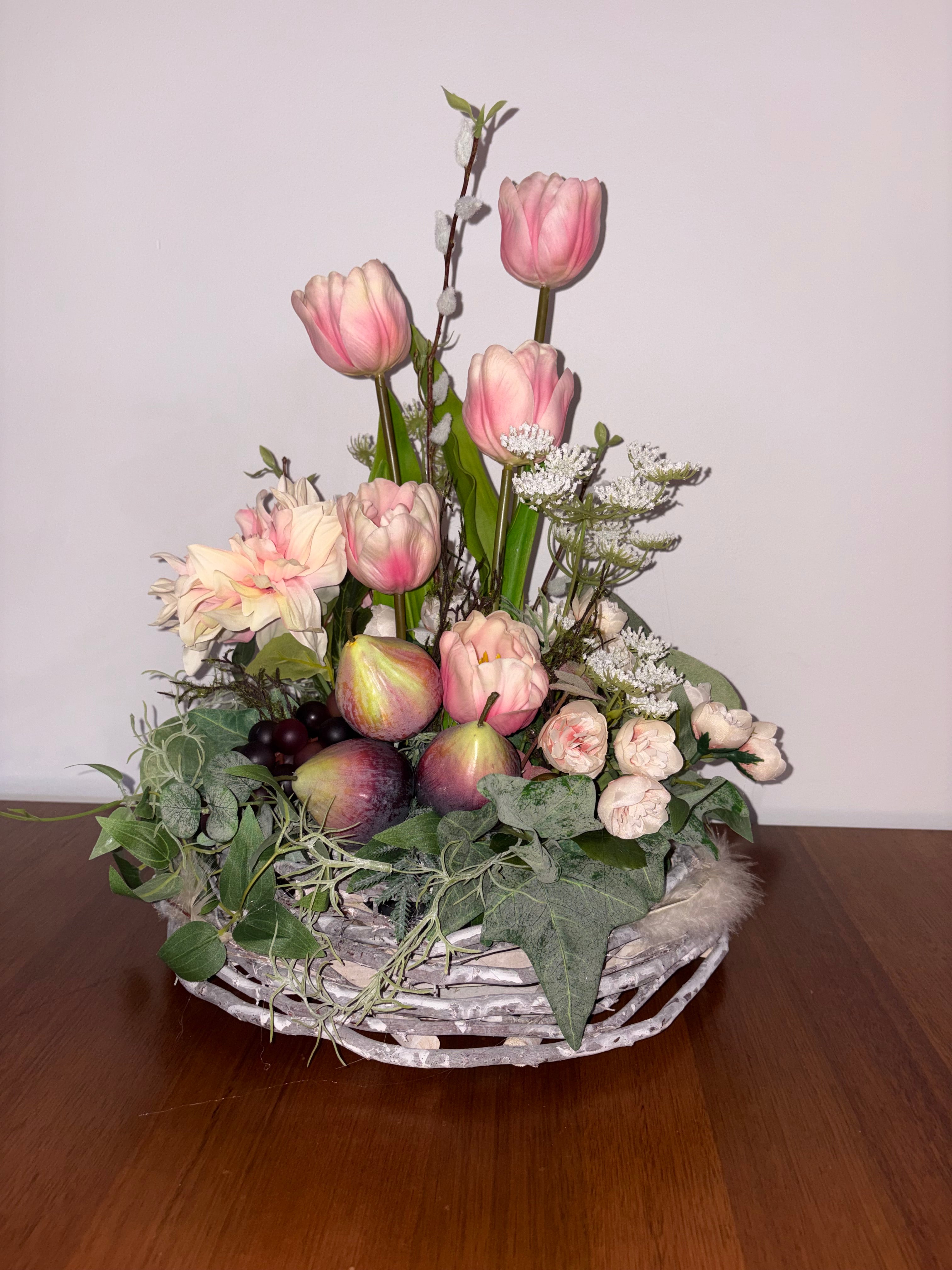 Peach Tulip, Fig and Dark Grape Country Arrangement
