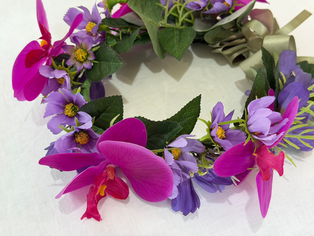 Striking purple cosmos & cerise orchids flower crown with sage satin ribbon. Perfect for weddings, hens parties & festivals. Shop The Velvet Grove - perfect for pets & humans