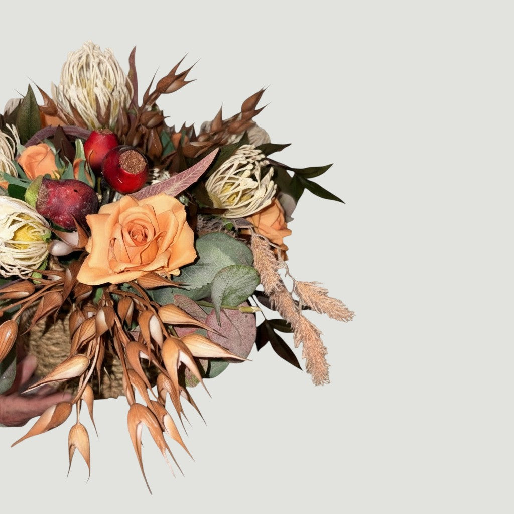 Autumn Native Basket and Burnt Orange Roses Arrangement