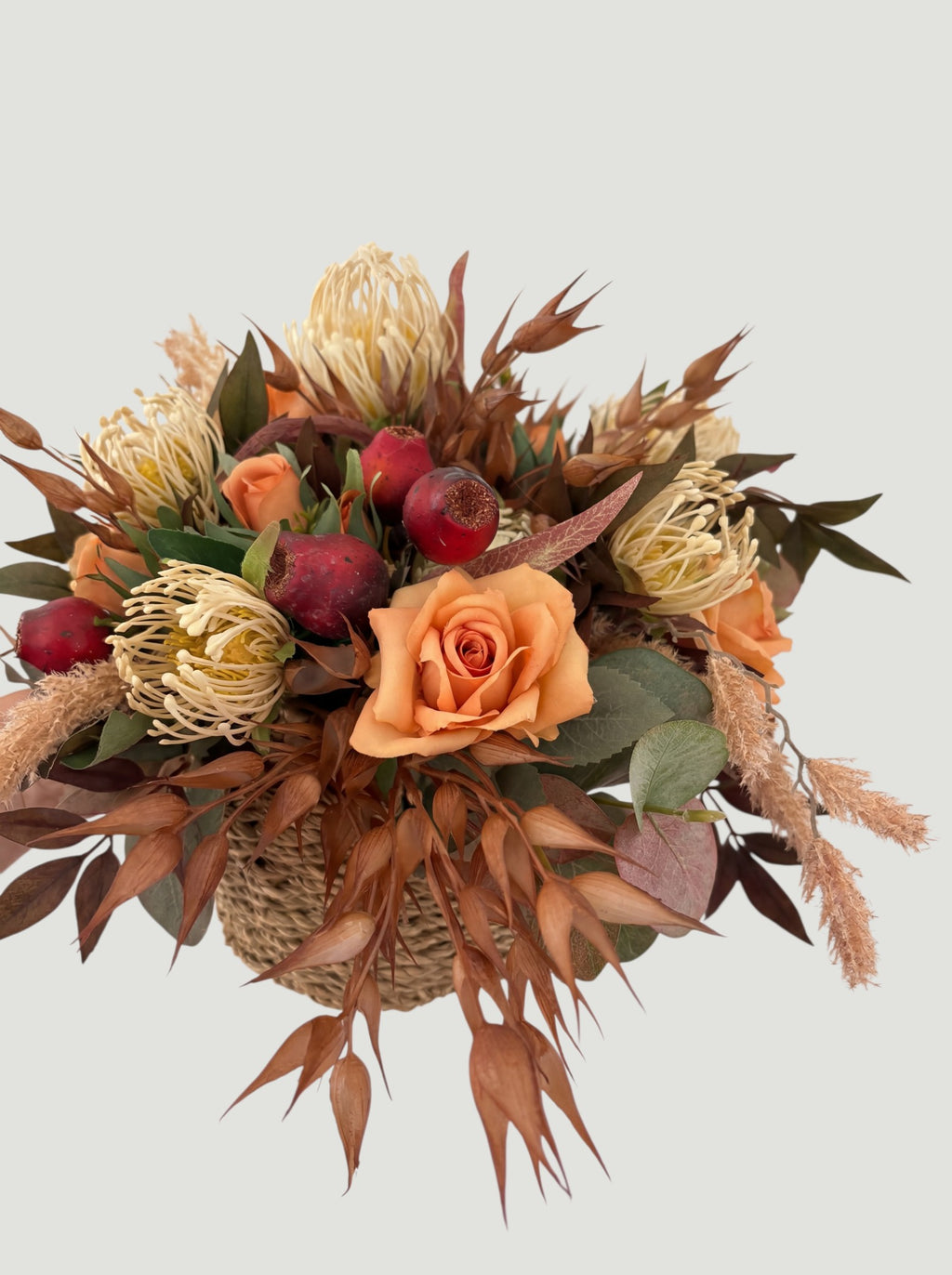 Autumn Native Basket and Burnt Orange Roses Arrangement