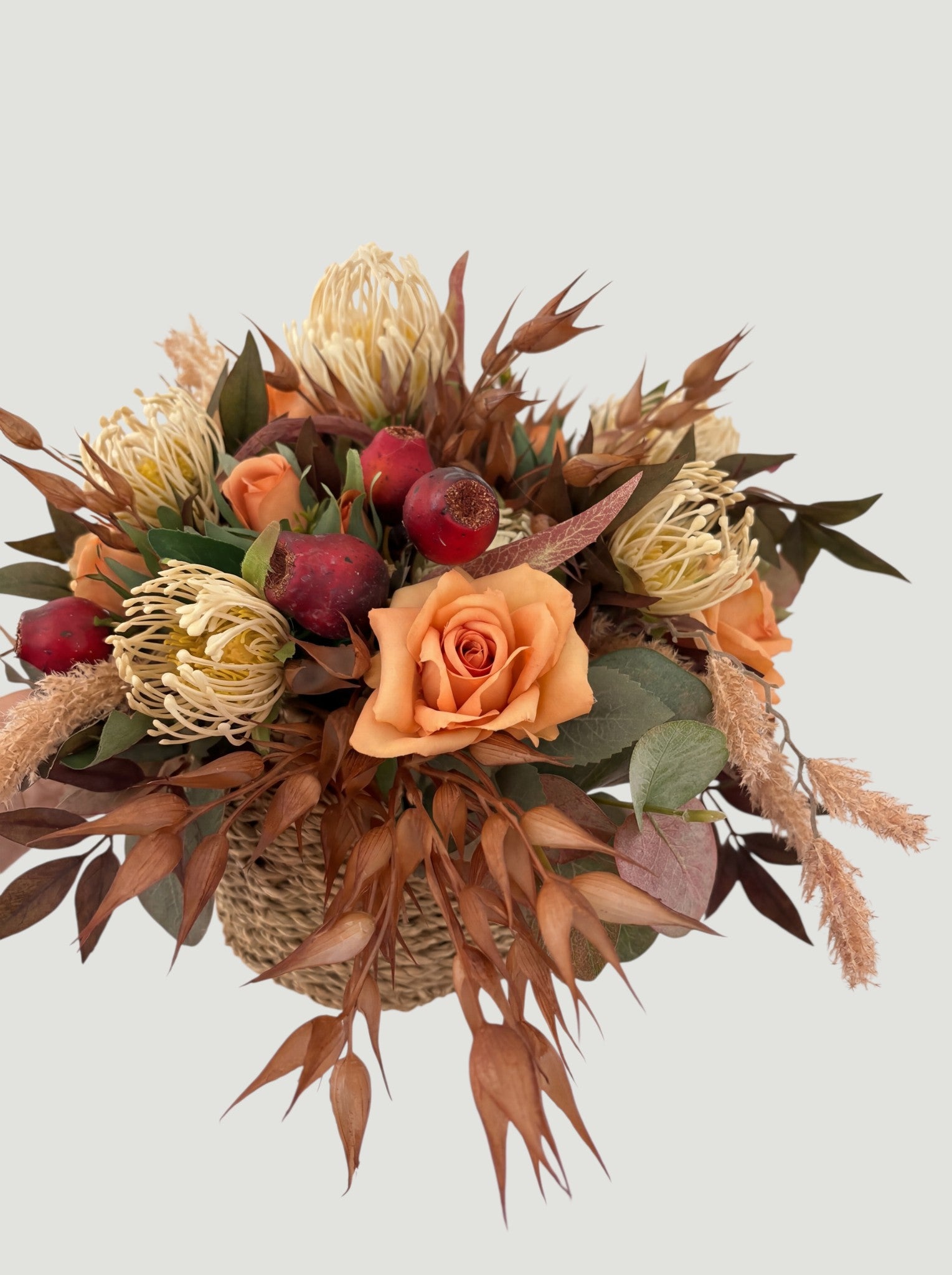 Autumn Native Basket and Burnt Orange Roses Arrangement