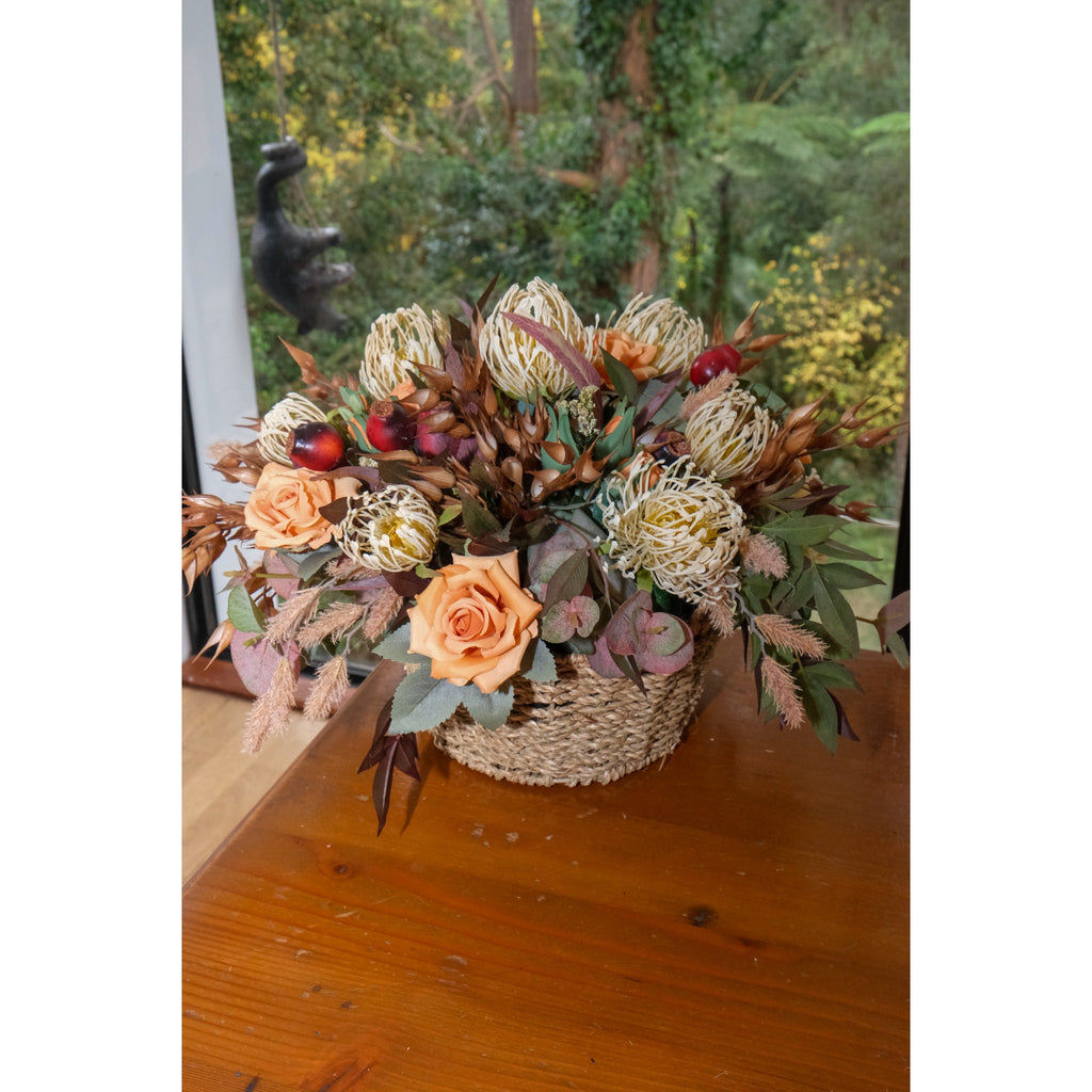 Autumn Native Basket and Burnt Orange Roses Arrangement