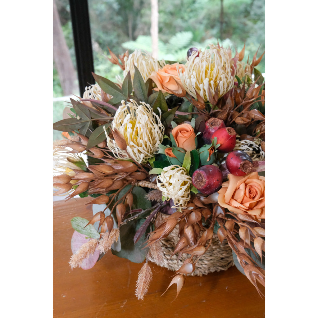 Autumn Native Basket and Burnt Orange Roses Arrangement