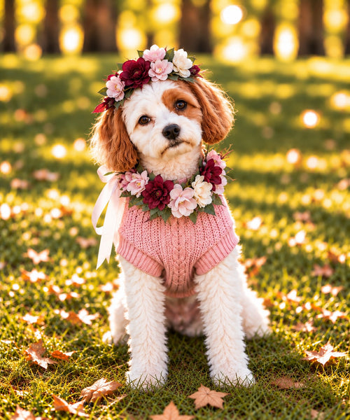 A small white and brown dog sits on grass outdoors wearing a pink knit sweater and a flower crown with pink, burgundy, and cream blossoms. Sunlight and blurred trees create a warm golden background.