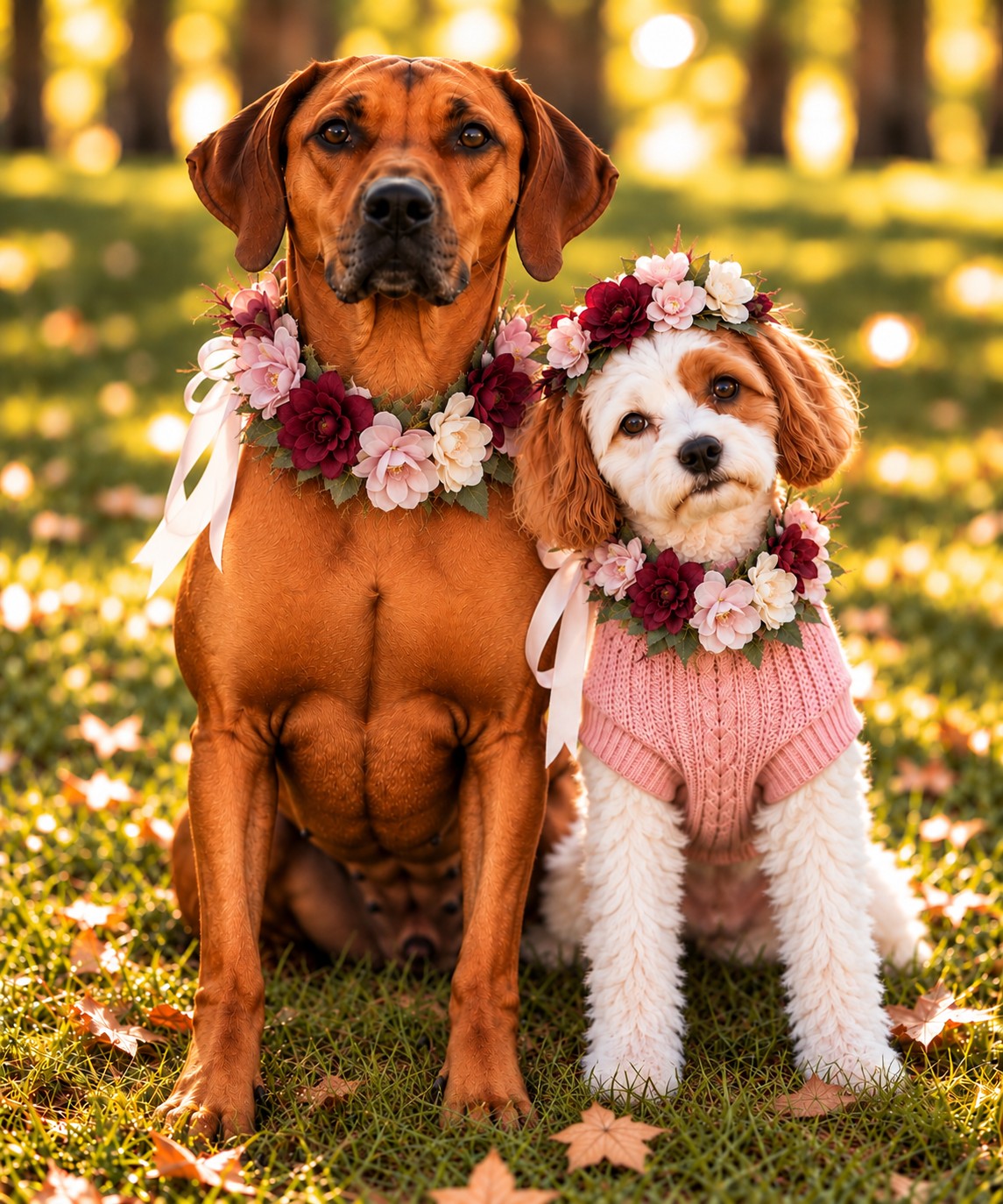 Two dogs sitting together on grass outdoors, each wearing a floral collar. The larger dog is tan and the smaller dog is white with brown ears, and both are surrounded by autumn leaves and a warm, sunlit blurred background.