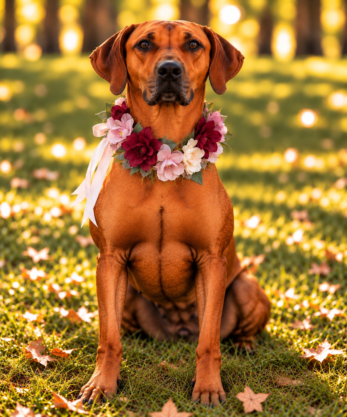 A brown dog sitting on grass outdoors, wearing a floral collar with pink, burgundy, and white flowers and a white ribbon. The background shows a sunlit grassy area with scattered leaves and blurred trees.