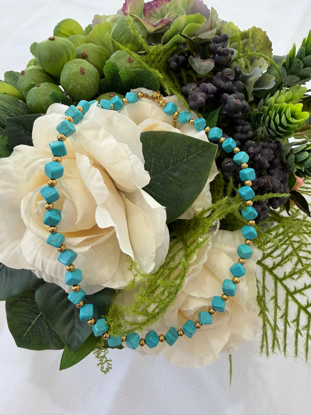 Blue Bead Necklace 18k Gold Plated Steel