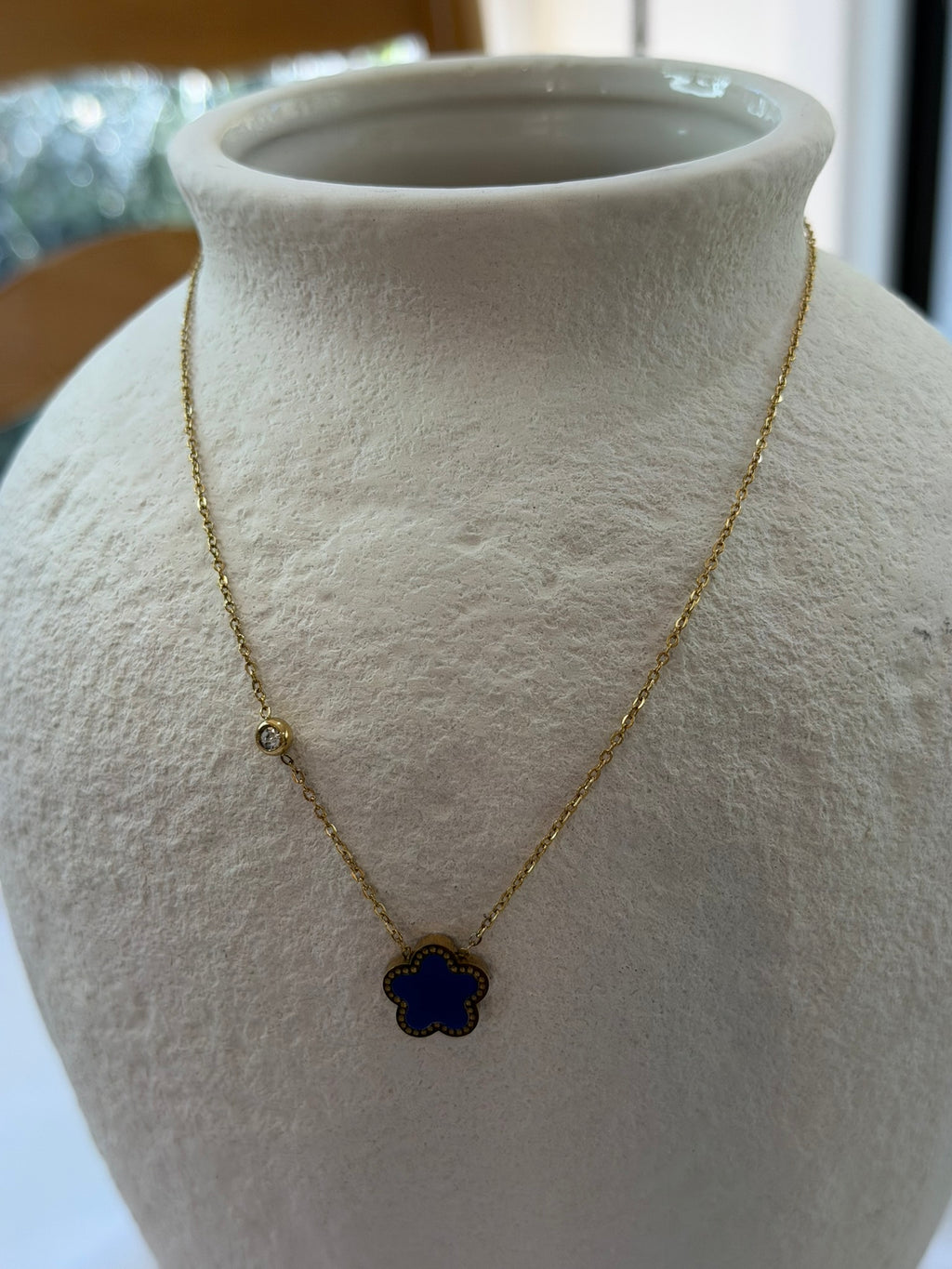 Blue Floral Necklace 18k Gold Plated Steel