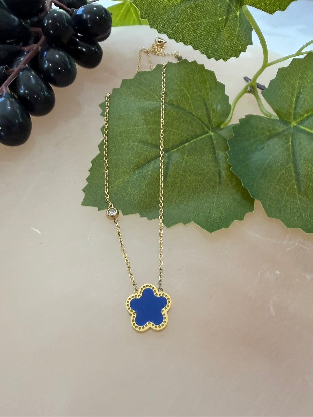Blue Floral Necklace 18k Gold Plated Steel
