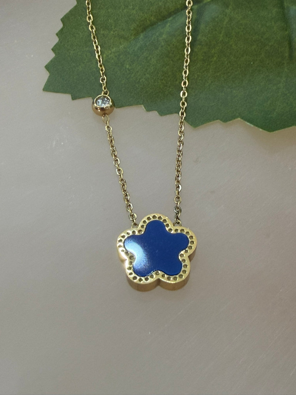 Blue Floral Necklace 18k Gold Plated Steel