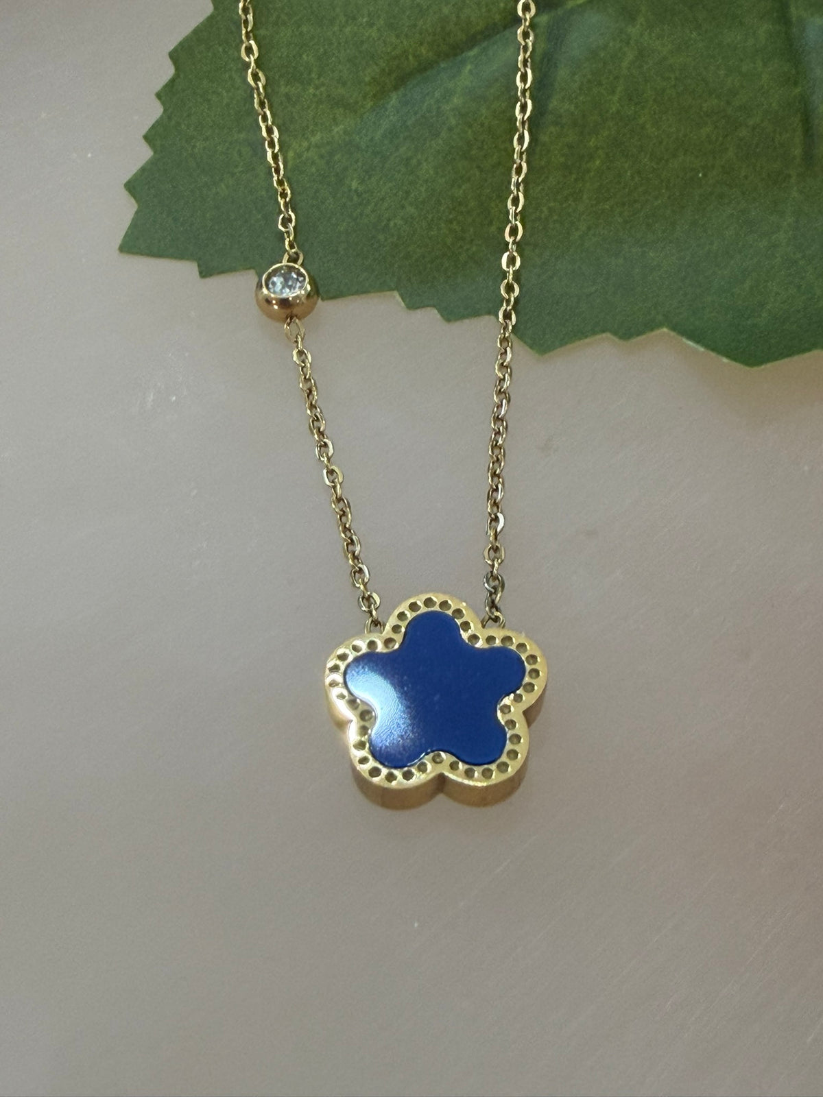 Blue Floral Necklace 18k Gold Plated Steel
