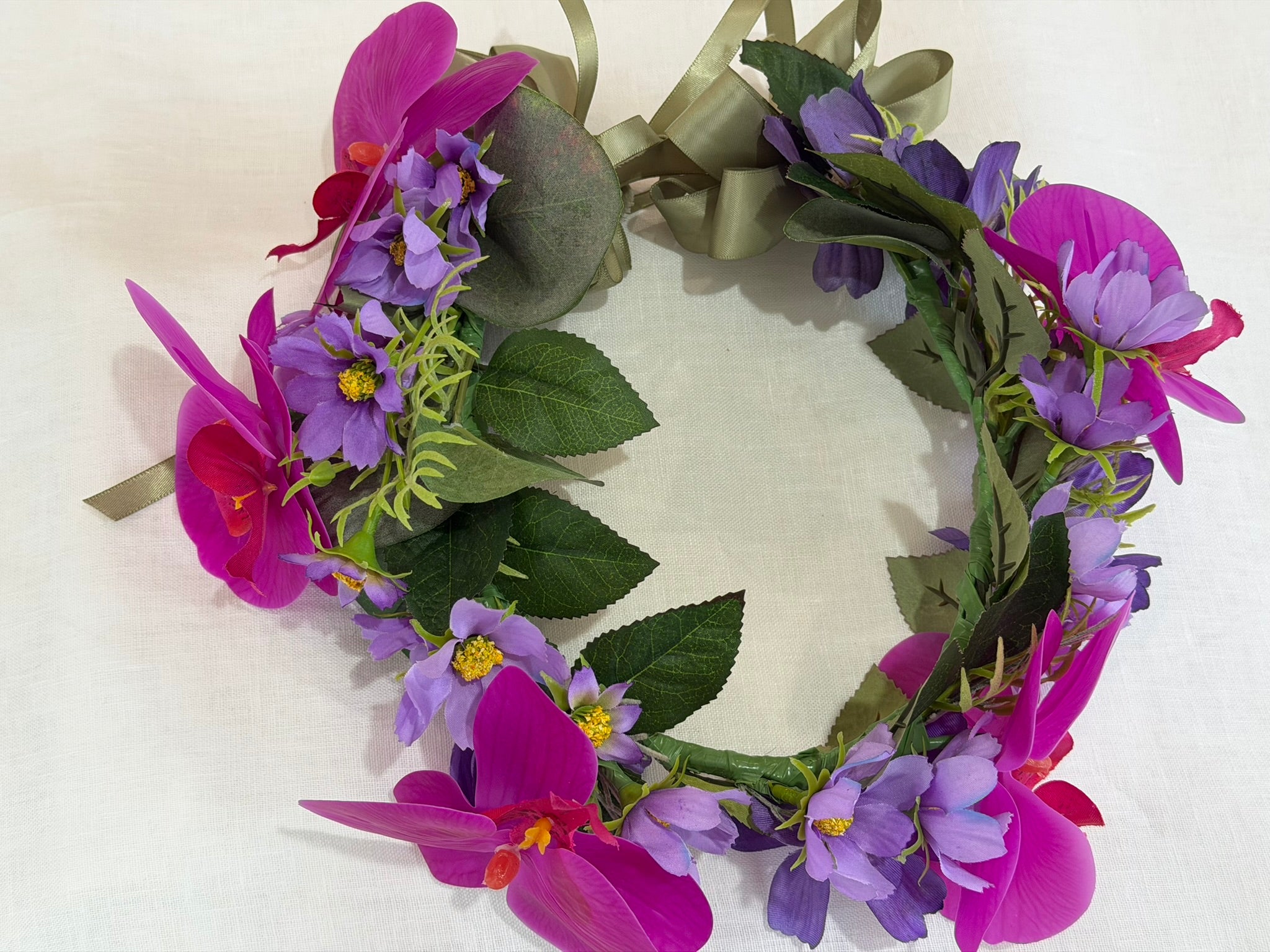 Striking purple cosmos & cerise orchids flower crown with sage satin ribbon. Perfect for weddings, hens parties & festivals. Shop The Velvet Grove - perfect for pets & humans