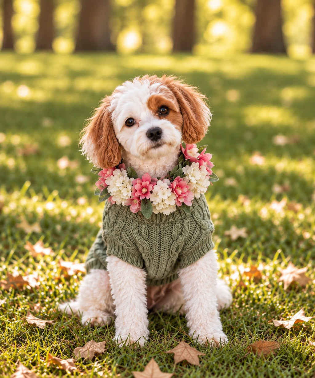 Kaia sitting on grass in a sunny park, wearing an olive green knit sweater and a flower garland around its neck.