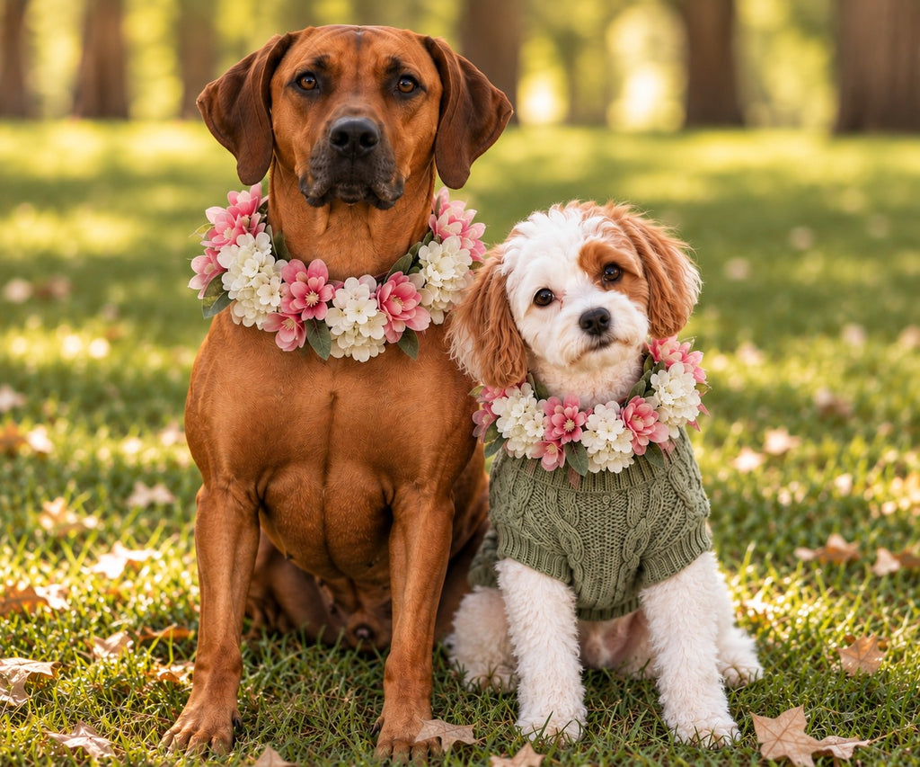 Puccini and Kaia sitting together on grass in a sunlit park. Both dogs are wearing flower garlands; the larger dog wears a simple floral collar, and the smaller dog wears a green knit sweater with a matching floral collar.