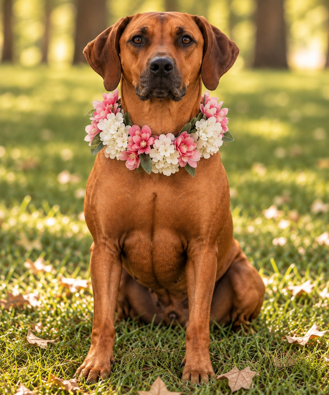 Puccini sitting on green grass outdoors, wearing a flower collar made of pink and white blossoms with green leaves.