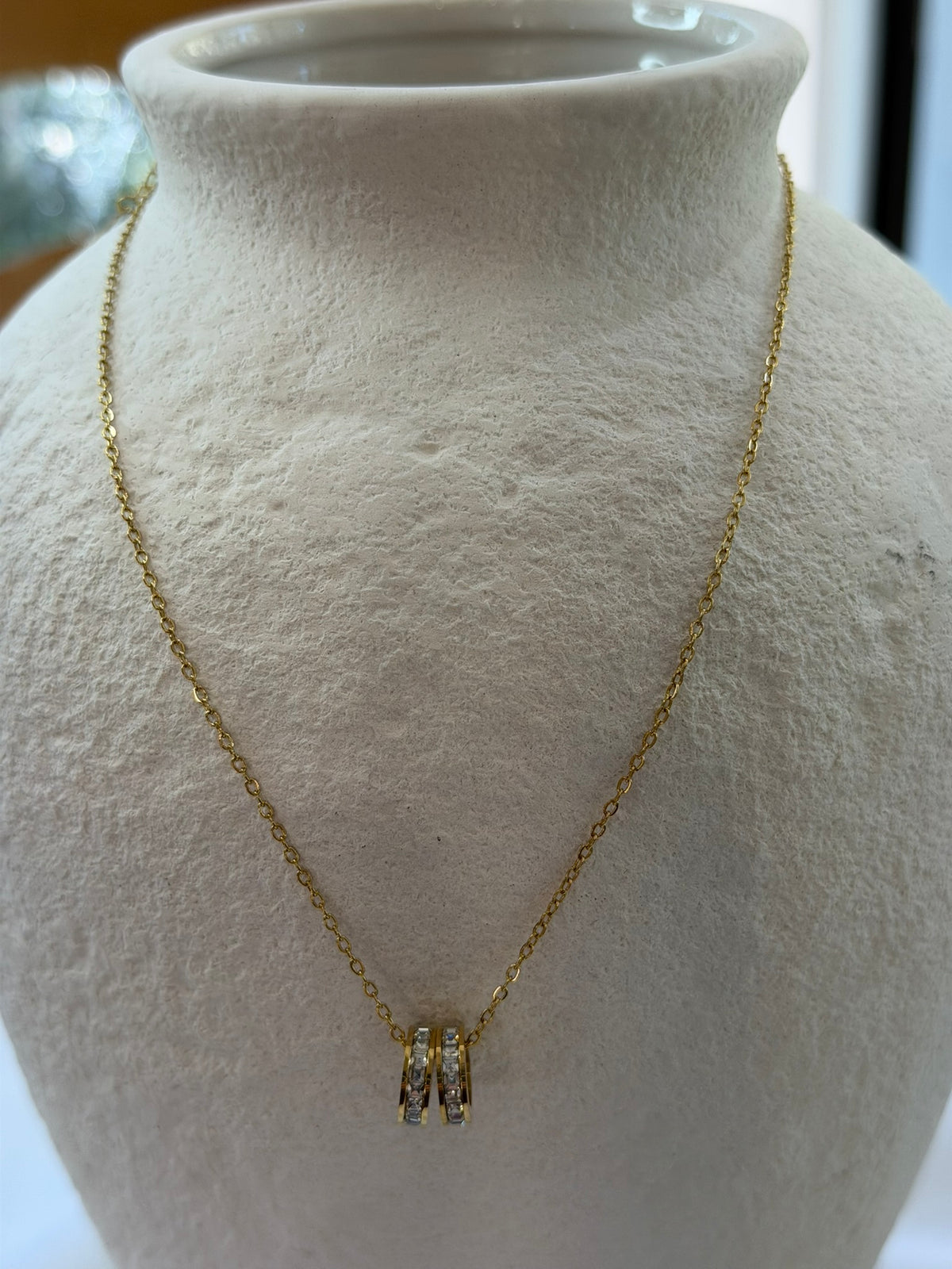 Double Ring Cubic Zirconia Necklace 18k Gold Plated Steel