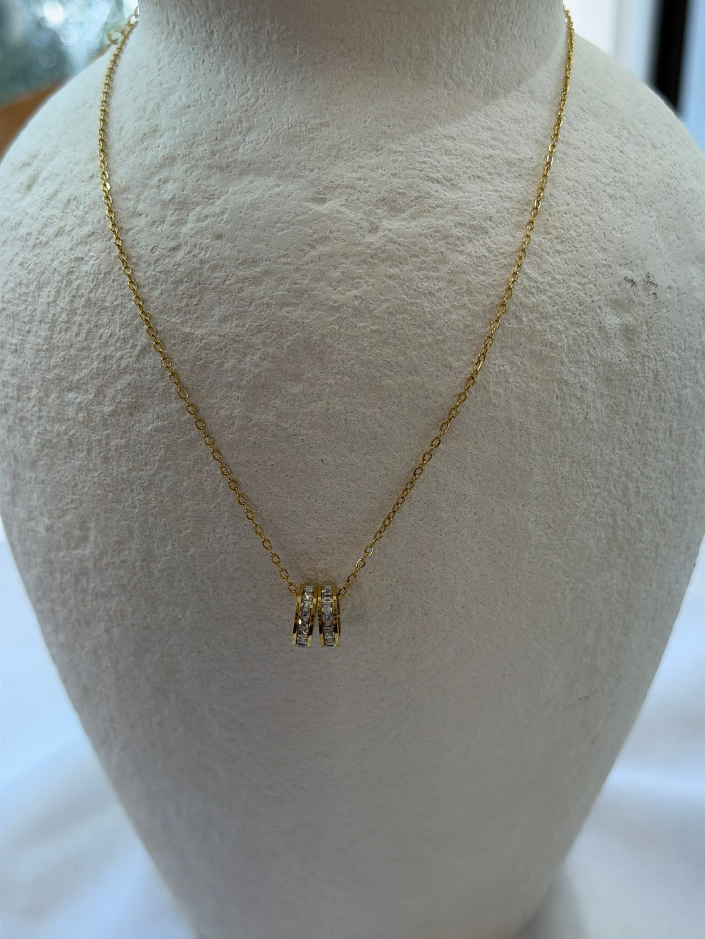 Double Ring Cubic Zirconia Necklace 18k Gold Plated Steel