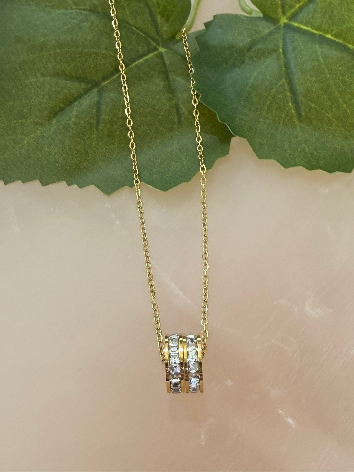 Double Ring Cubic Zirconia Necklace 18k Gold Plated Steel