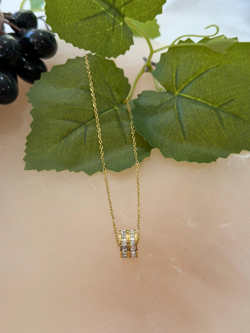 Double Ring Cubic Zirconia Necklace 18k Gold Plated Steel