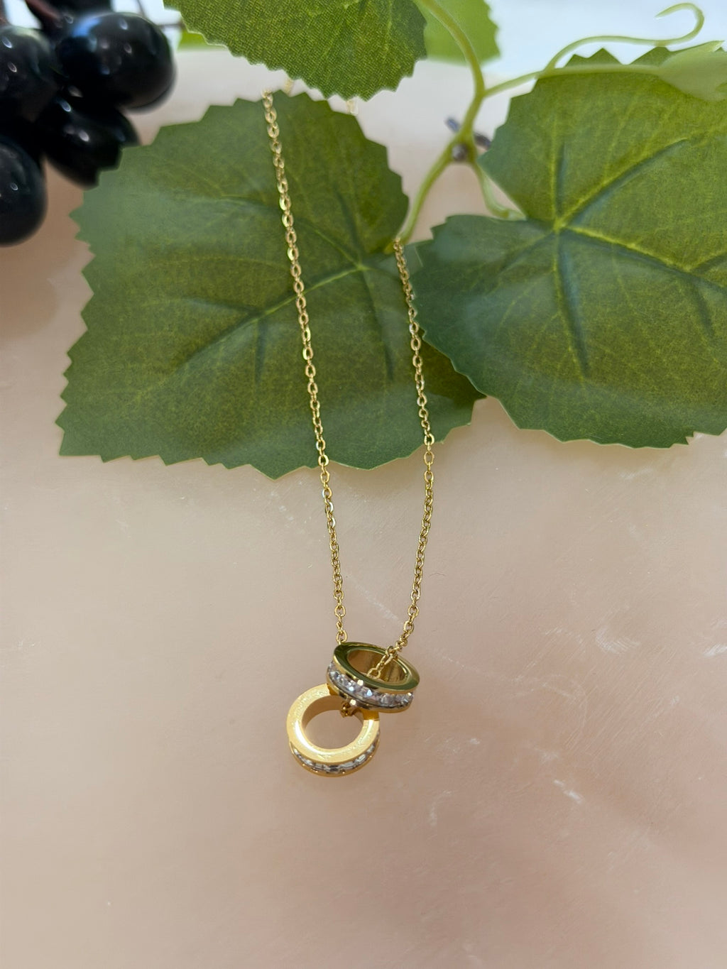 Double Ring Cubic Zirconia Necklace 18k Gold Plated Steel