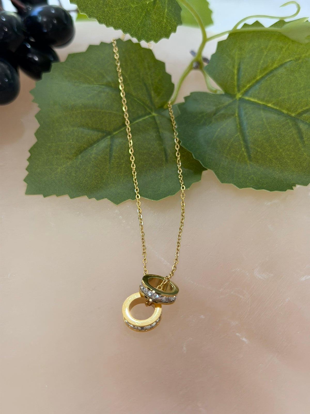 Double Ring Cubic Zirconia Necklace 18k Gold Plated Steel