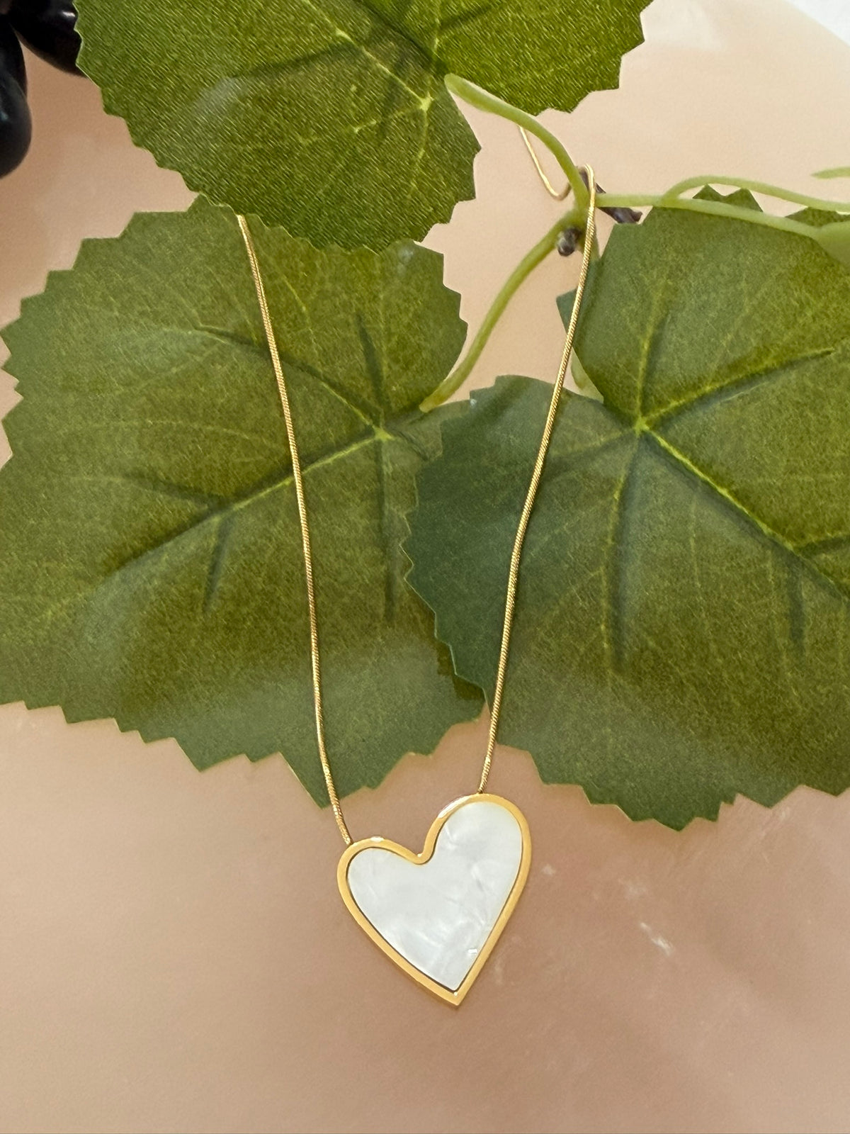 Gold & Pearlescent Heart Pendant Necklace 18k Gold Plated Steel
