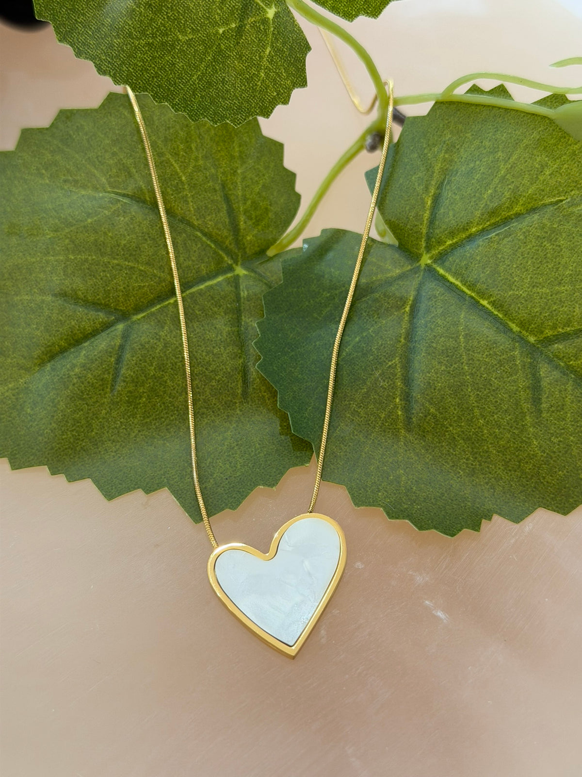 Gold & Pearlescent Heart Pendant Necklace 18k Gold Plated Steel