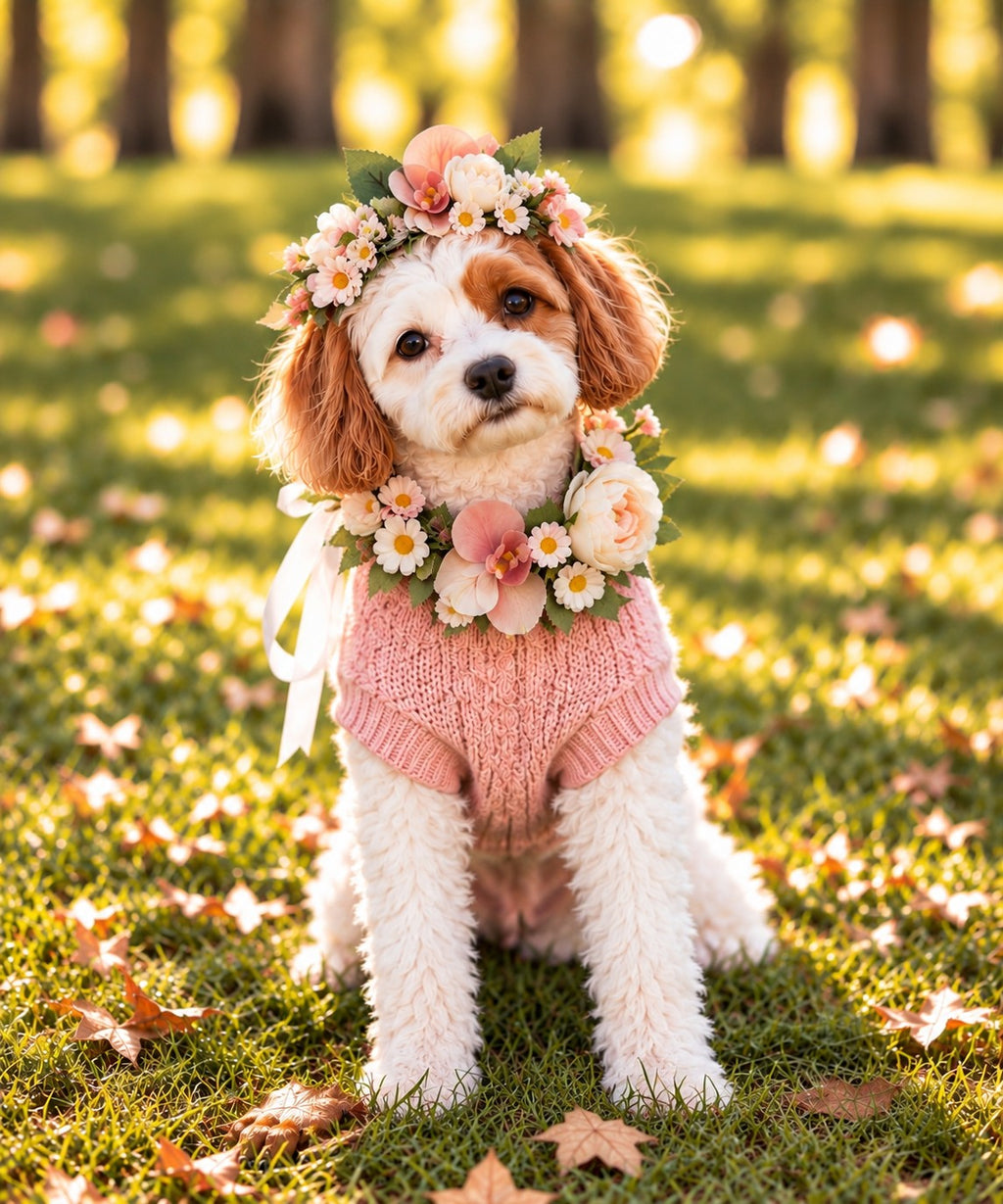 A small white and brown dog sitting on grass outdoors, wearing a pink knitted pet sweater and a floral crown with white daisies and peach roses. Sunlight filters through trees in the background, and scattered leaves are on the grass.