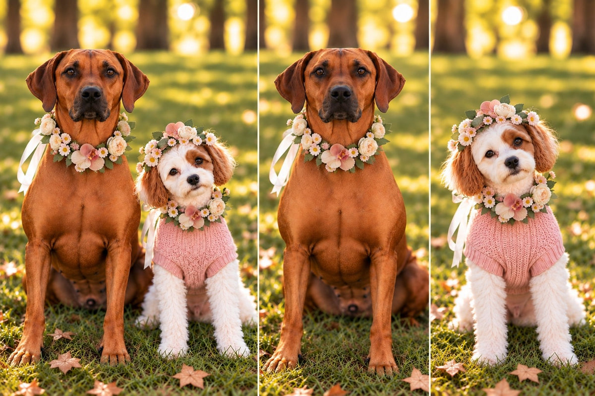 A triptych of three vertical panels shows a large brown dog and a small white dog outdoors on grass in warm golden light. Both dogs are wearing pink knit outfits and floral flower crowns with white ribbons.