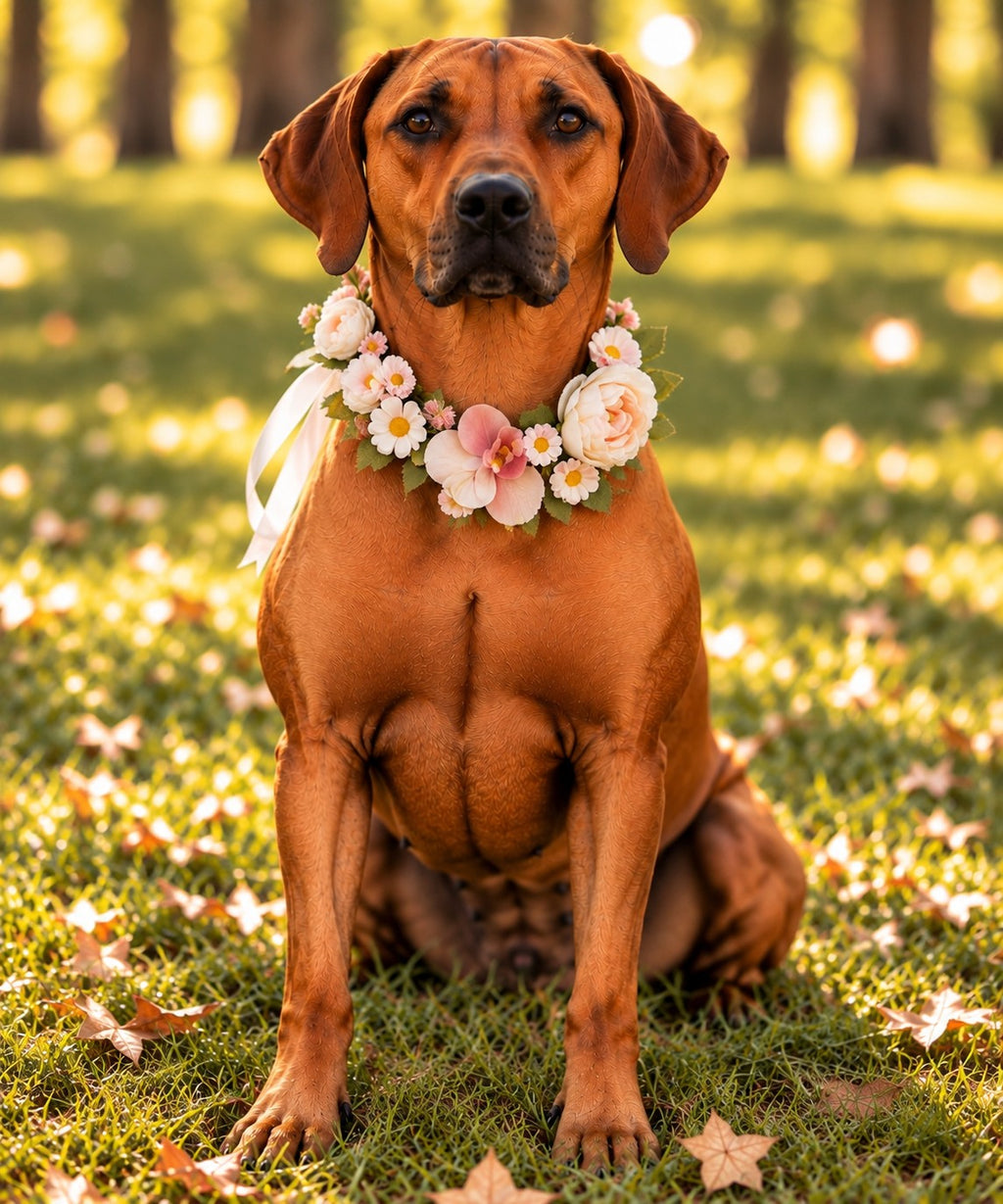 A brown dog sitting on grass outdoors, wearing a floral collar made of white, pink, and peach flowers with green leaves and a white ribbon.