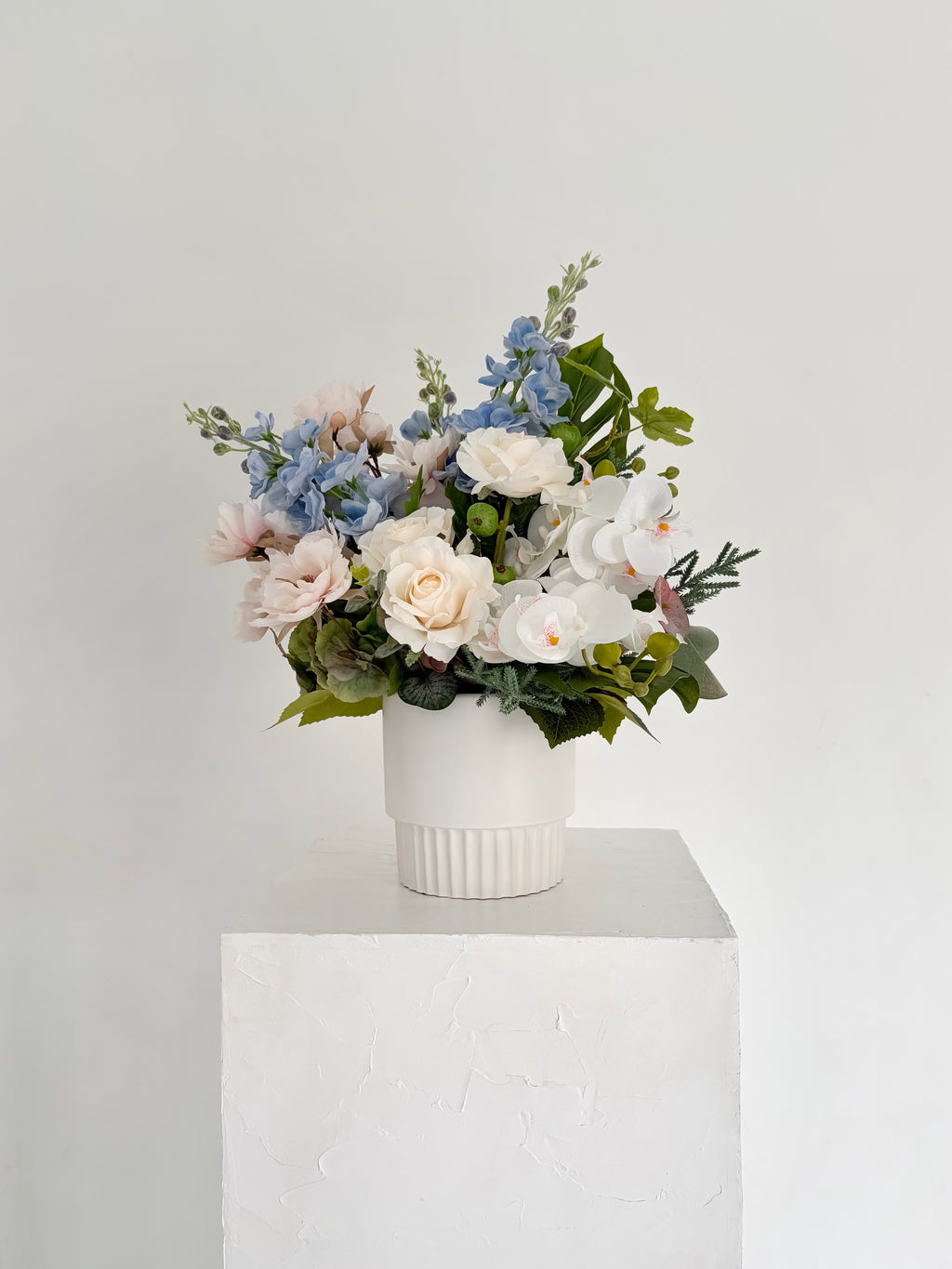 Blue Delphinium & Cream Rose Arrangement