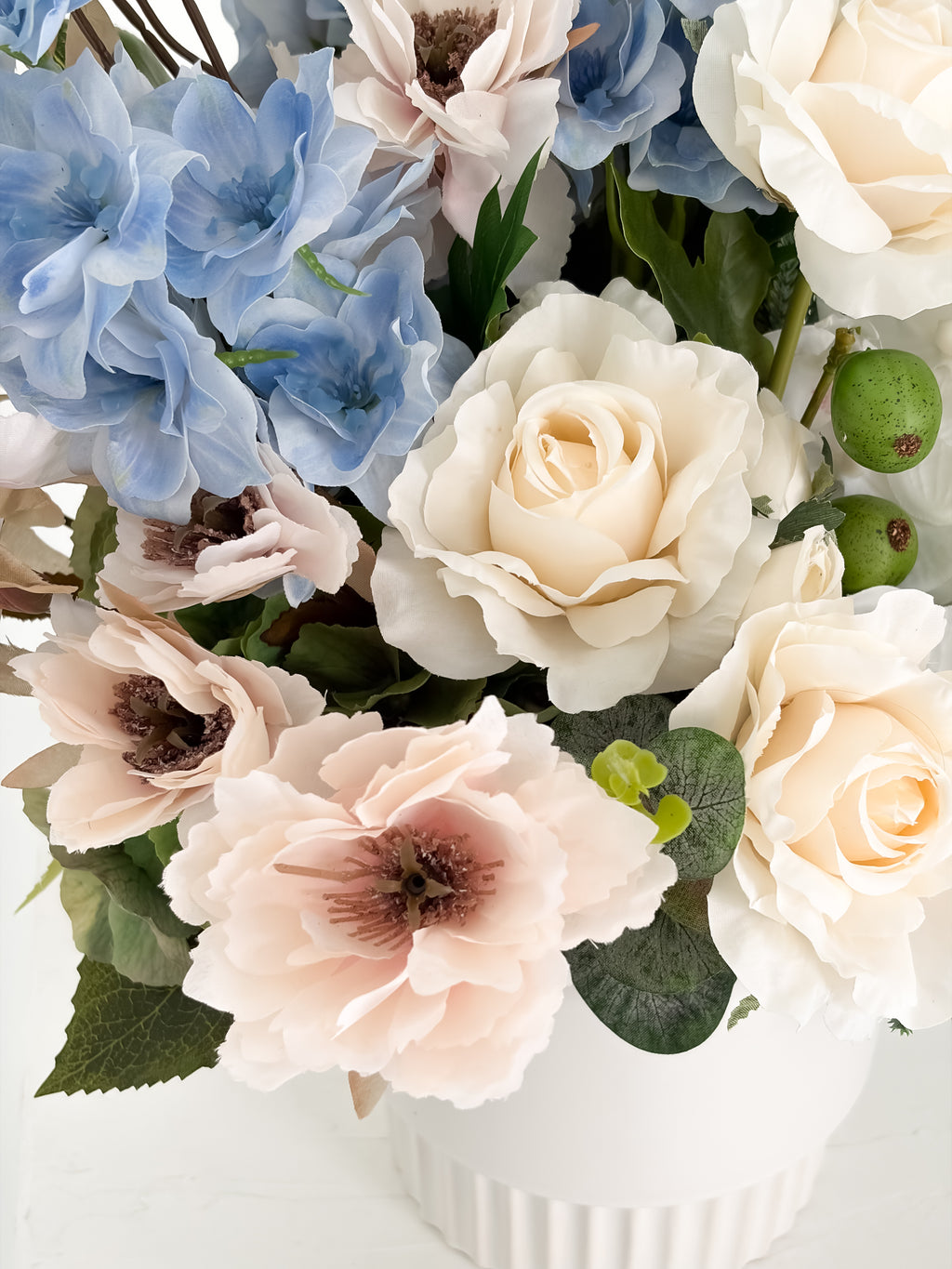 Blue Delphinium & Cream Rose Arrangement