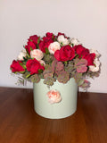 Red Rose & Peach Ranunculus Hatbox Arrangement