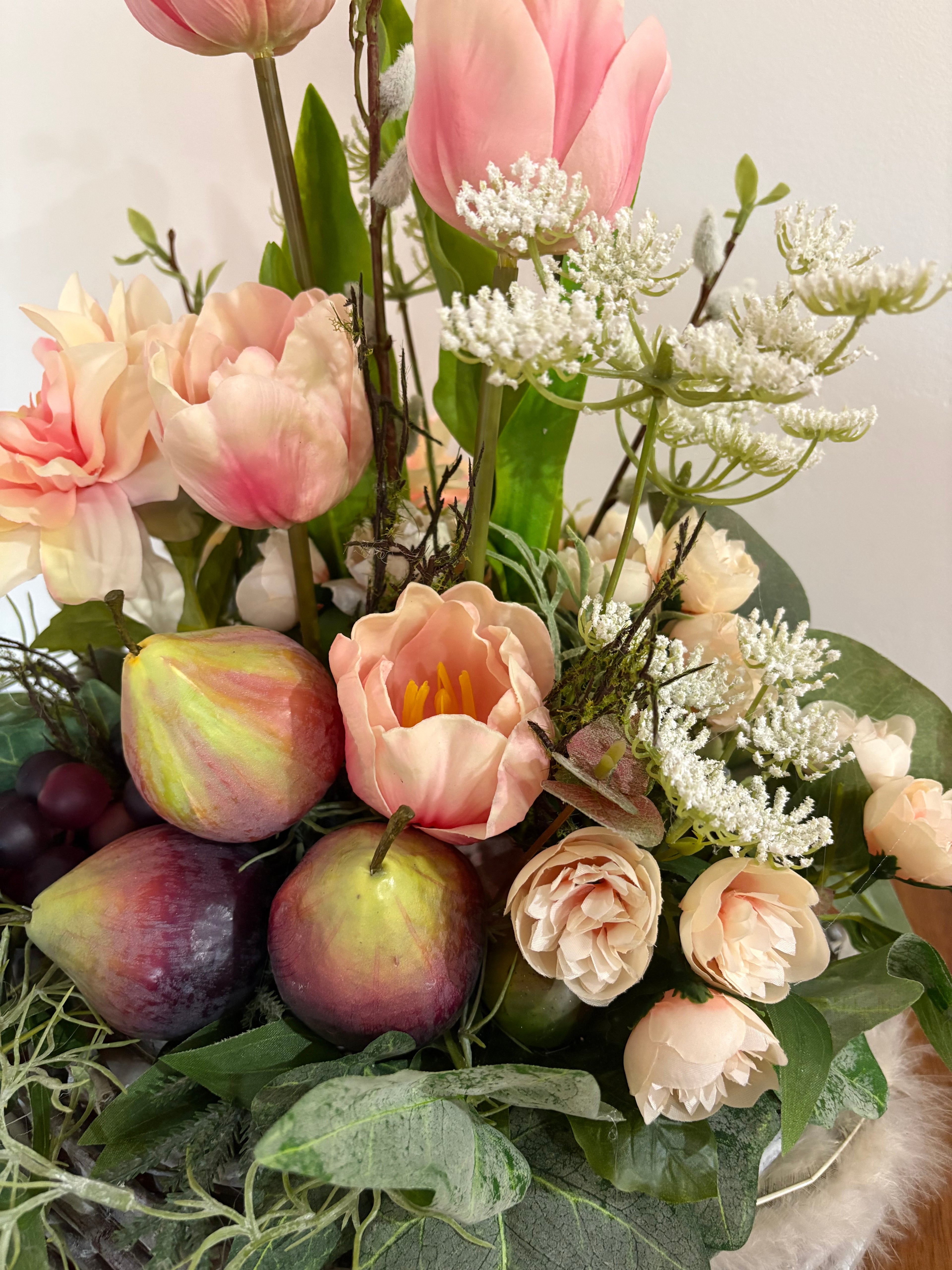Peach Tulip, Fig and Dark Grape Country Arrangement