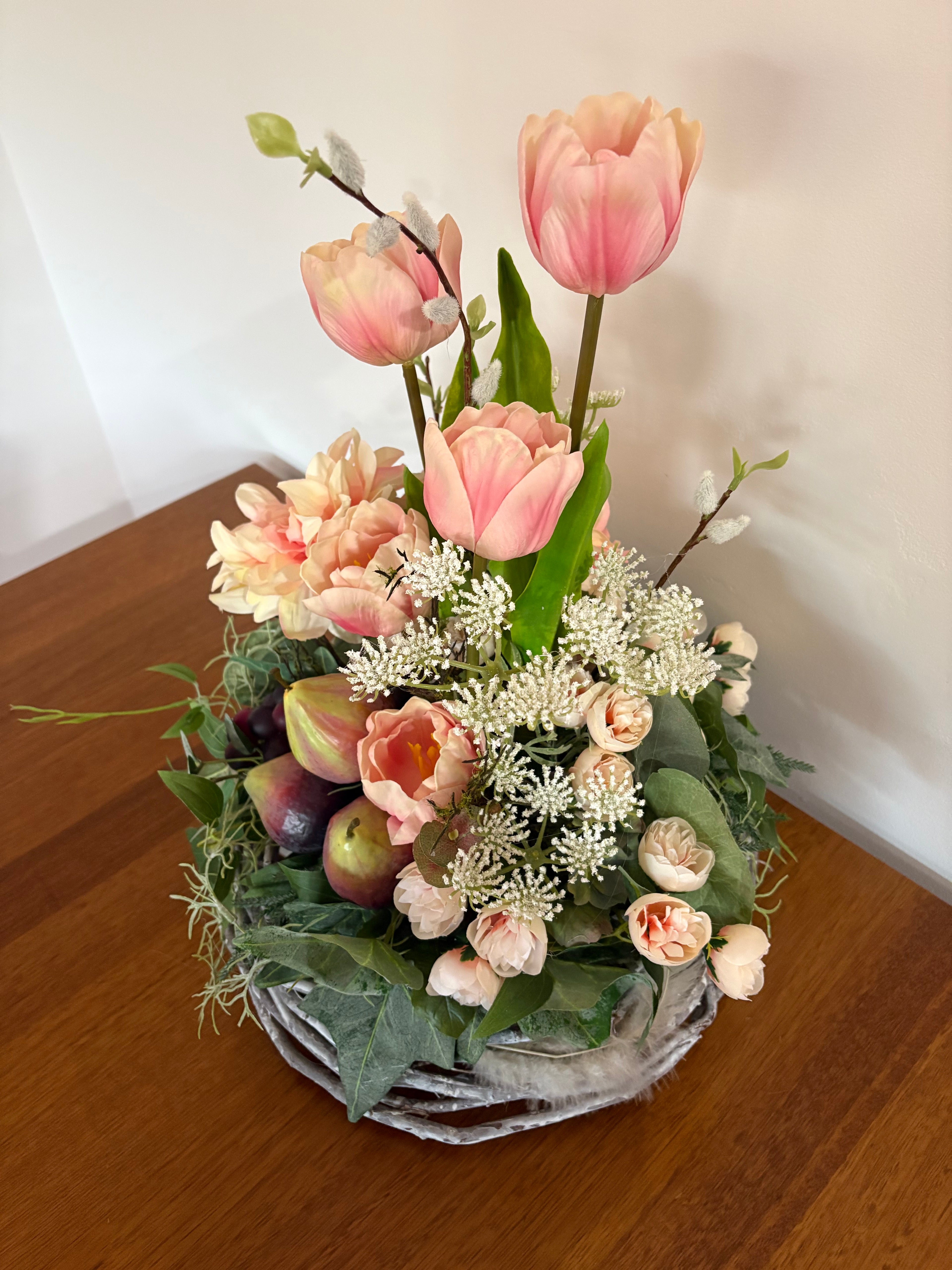 Peach Tulip, Fig and Dark Grape Country Arrangement