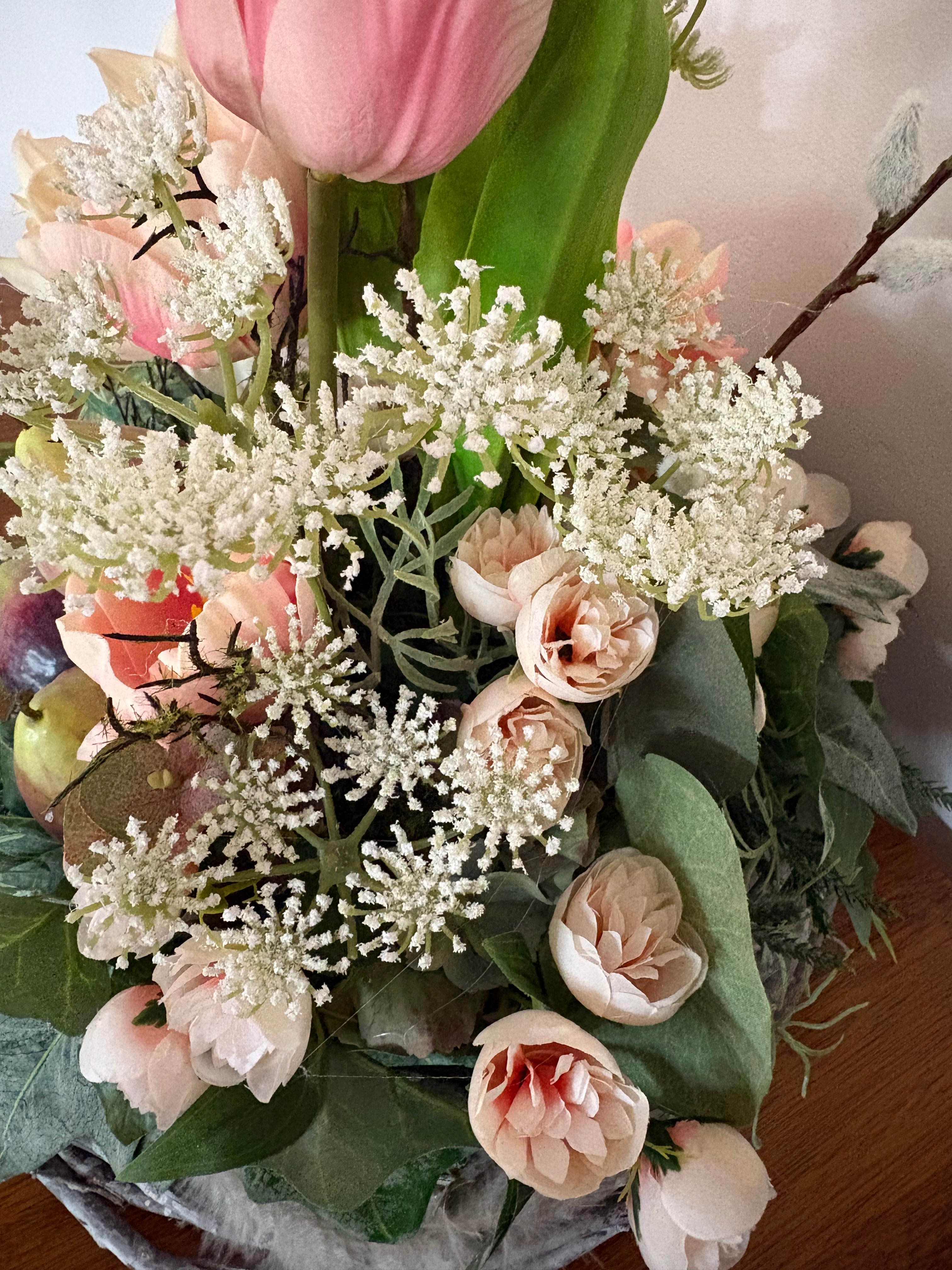Peach Tulip, Fig and Dark Grape Country Arrangement