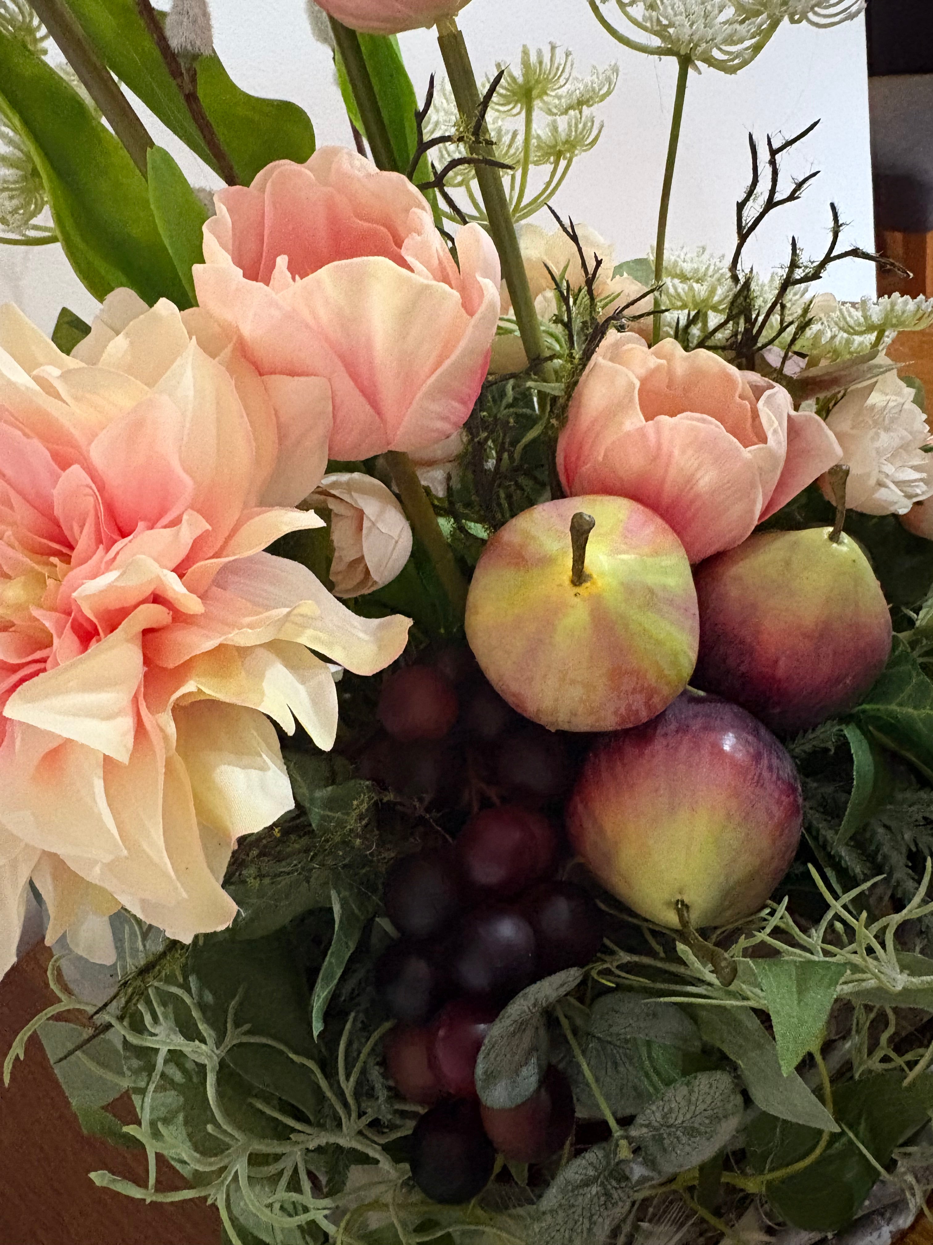 Peach Tulip, Fig and Dark Grape Country Arrangement