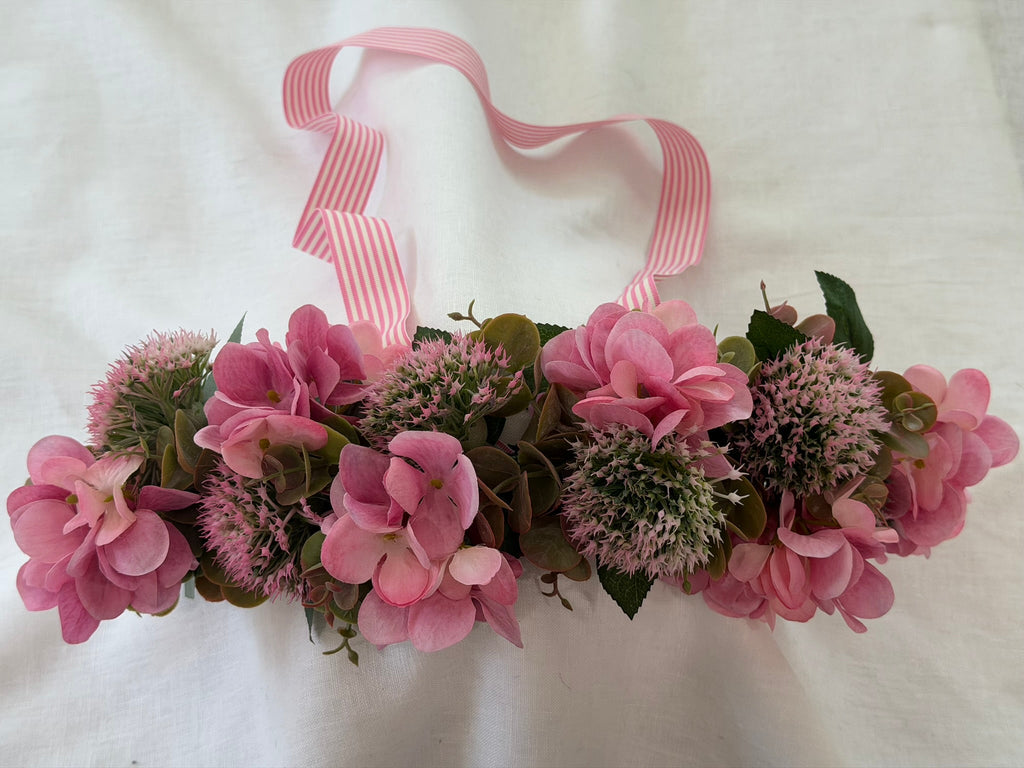 Mauve Thistle & Hot Pink Hydrangea Flower Crown close up