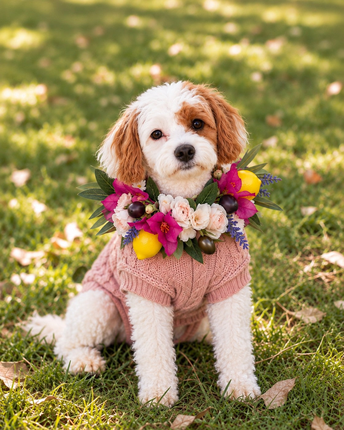 A small white and brown dog sitting on green grass outdoors, wearing a pink knitted sweater and a colorful floral collar with pink, white, yellow, and purple flowers.