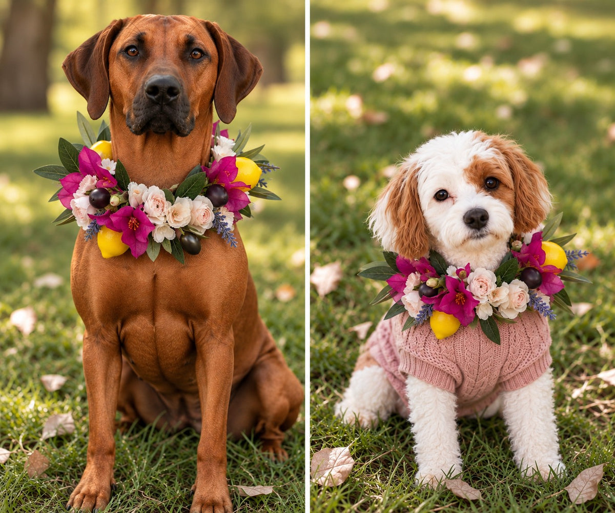 A split-panel lifestyle photo showing two dogs outdoors on grass wearing matching floral flower crowns. The left panel shows a large brown dog, and the right panel shows a small white-and-brown dog in a pink sweater, both wearing flower crowns with pink, purple, white, yellow, and green elements.