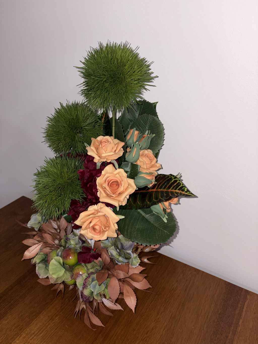 Burnt Orange Rose, Allium and Miniature Apple Vase Arrangement