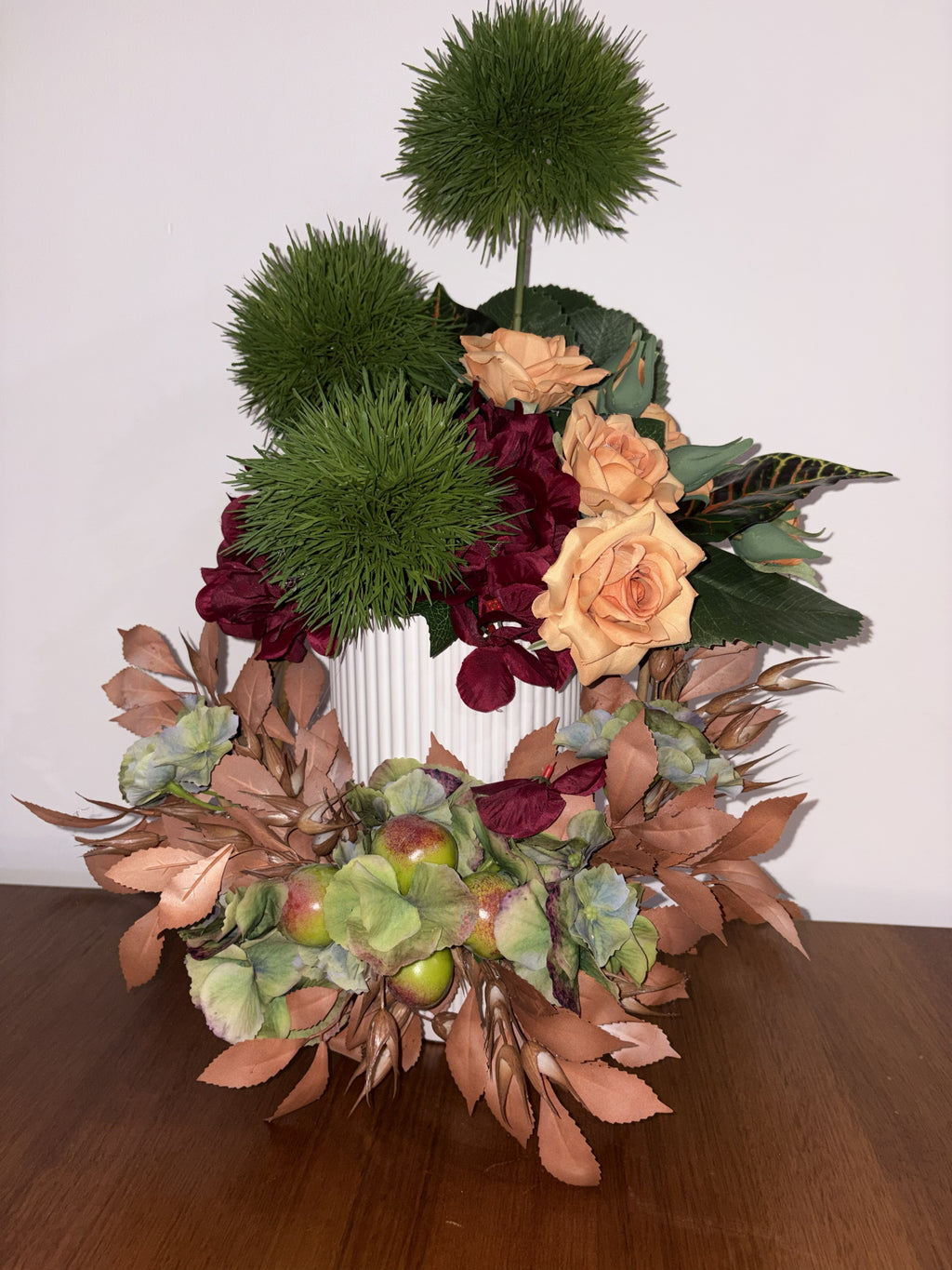 Burnt Orange Rose, Allium and Miniature Apple Vase Arrangement