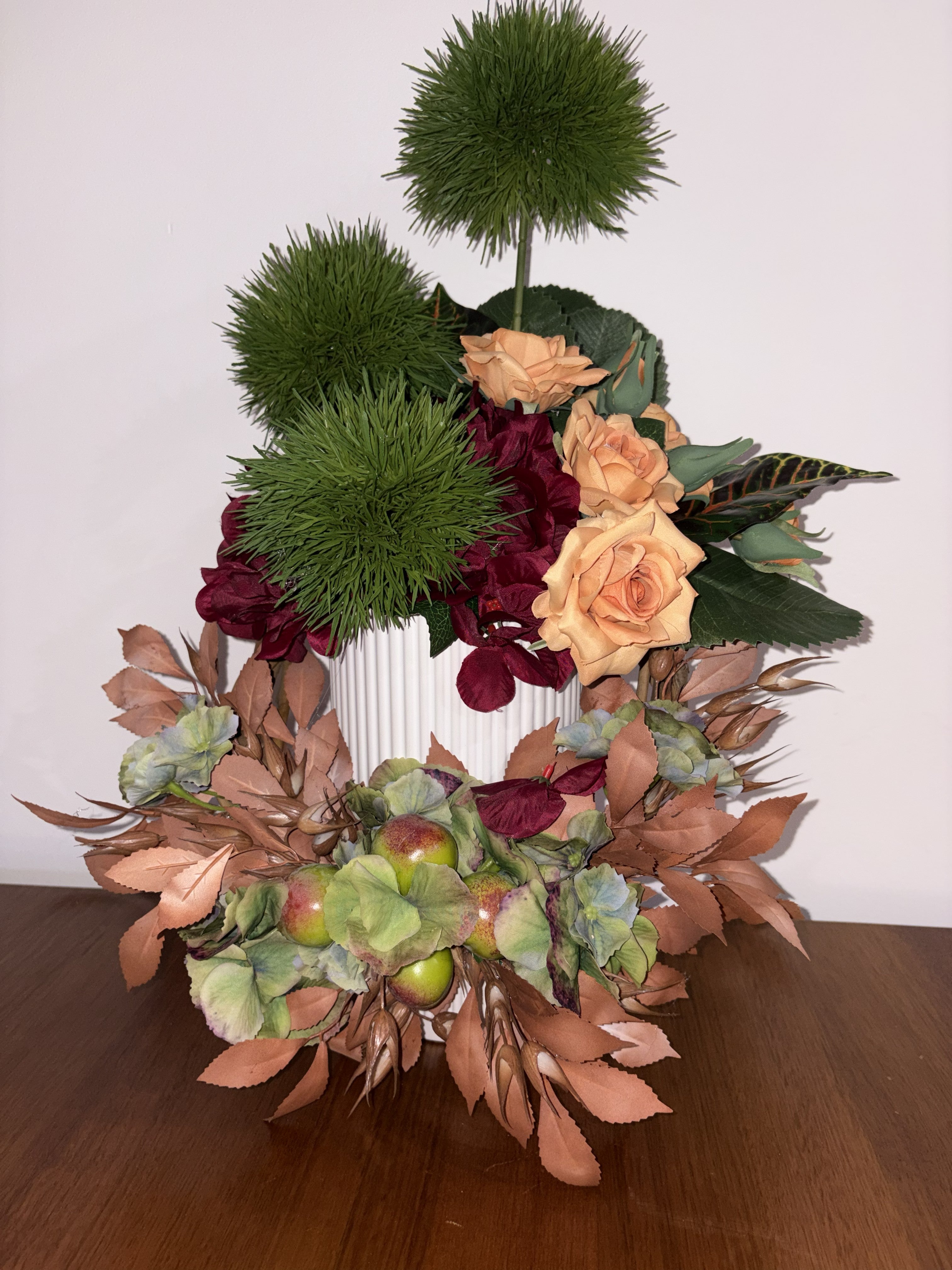 Burnt Orange Rose, Allium and Miniature Apple Vase Arrangement